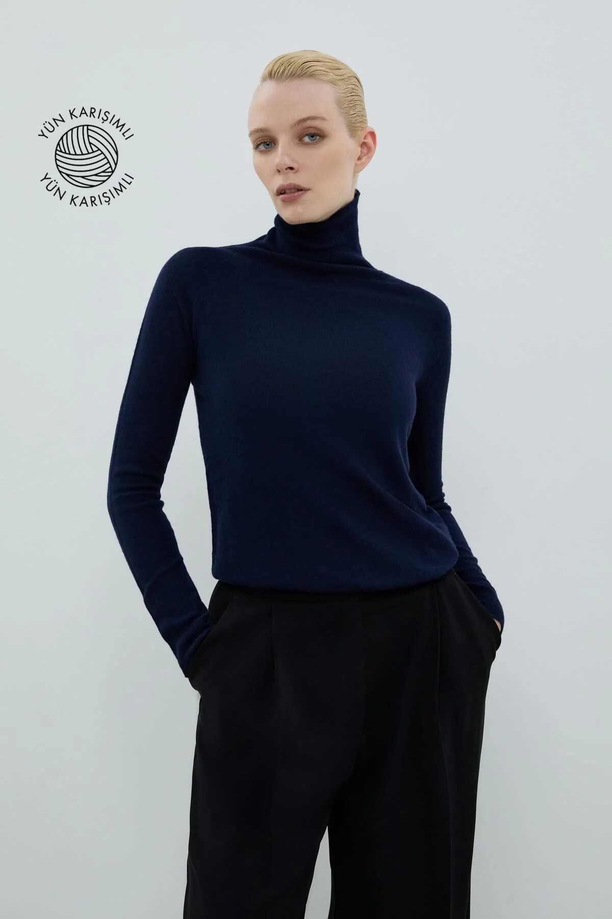 Yün Karışımlı Triko Kazak Lacivert - 1