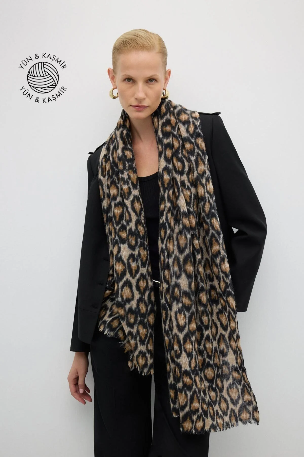 Yün ve Kaşmir Leopar Desenli Şal Standart Renk - 1
