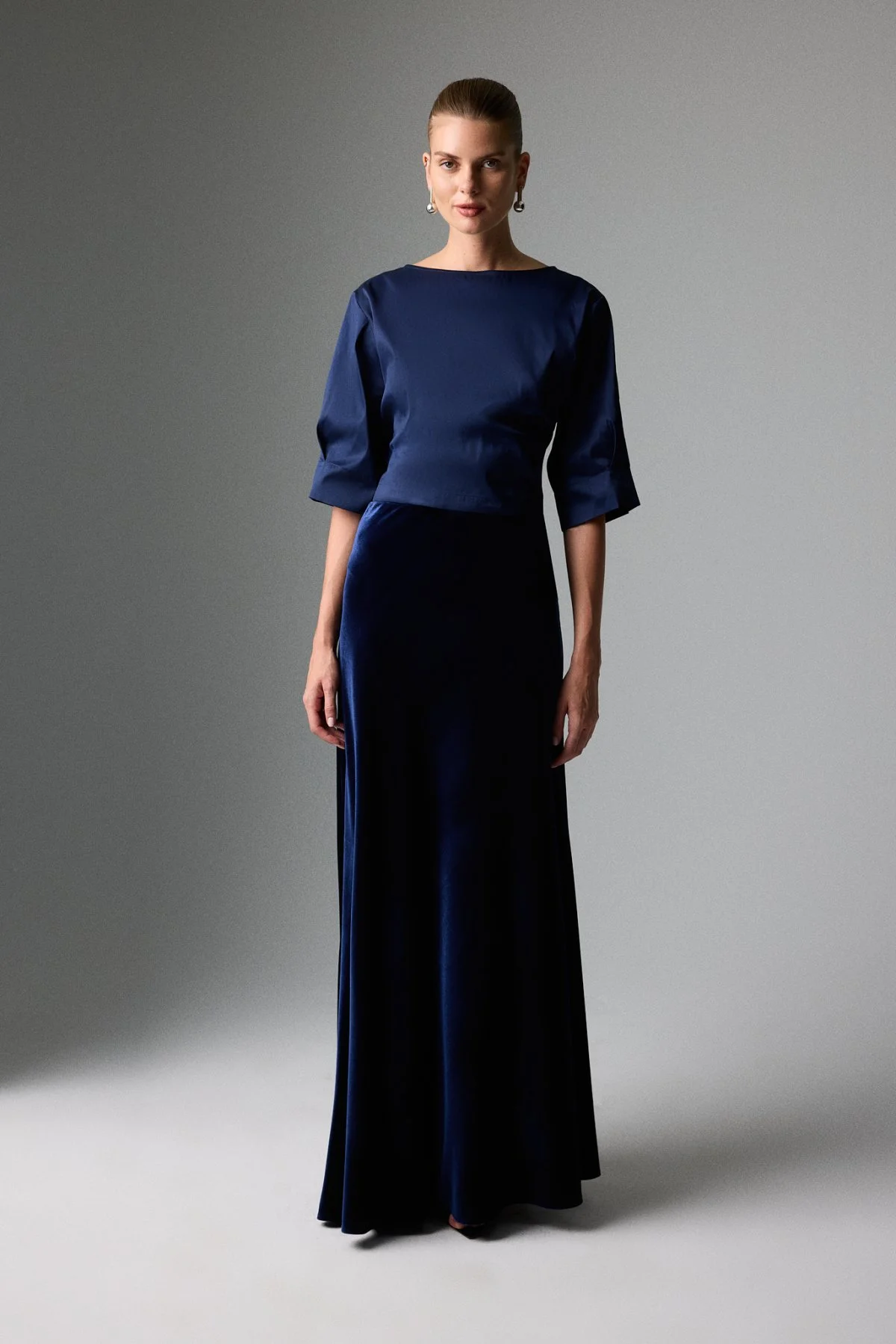 Kadife Beli Lastikli Maksi Boy Etek Lacivert - 1