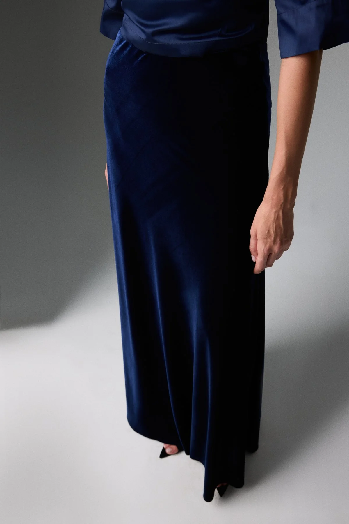 Kadife Beli Lastikli Maksi Boy Etek Lacivert - 3