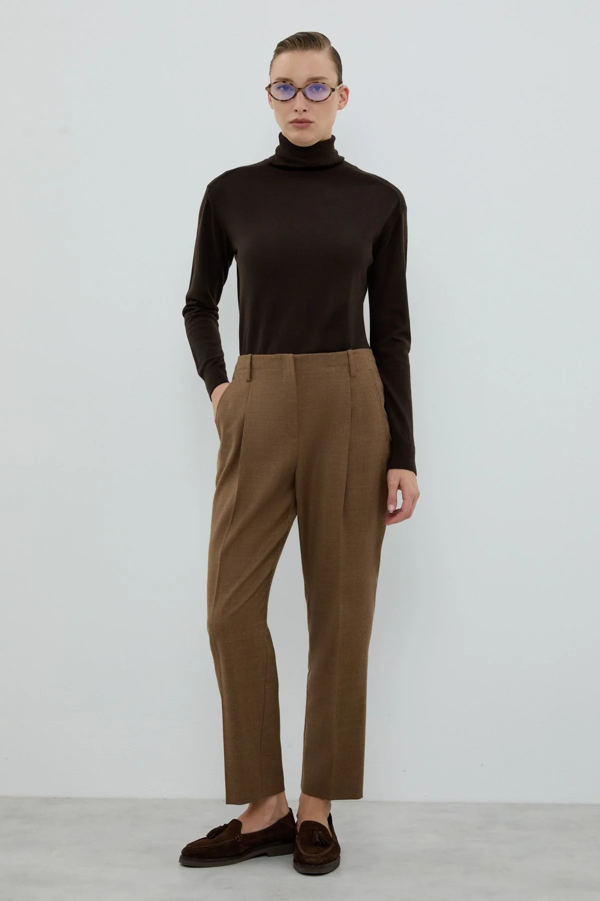Yün Karışımlı Tek Pileli Havuç Pantolon Kahve - 1