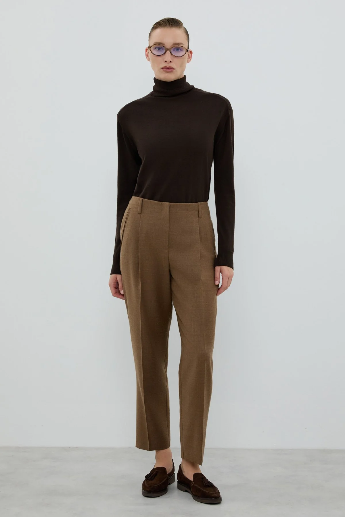 Yün Karışımlı Tek Pileli Havuç Pantolon Kahve - 3