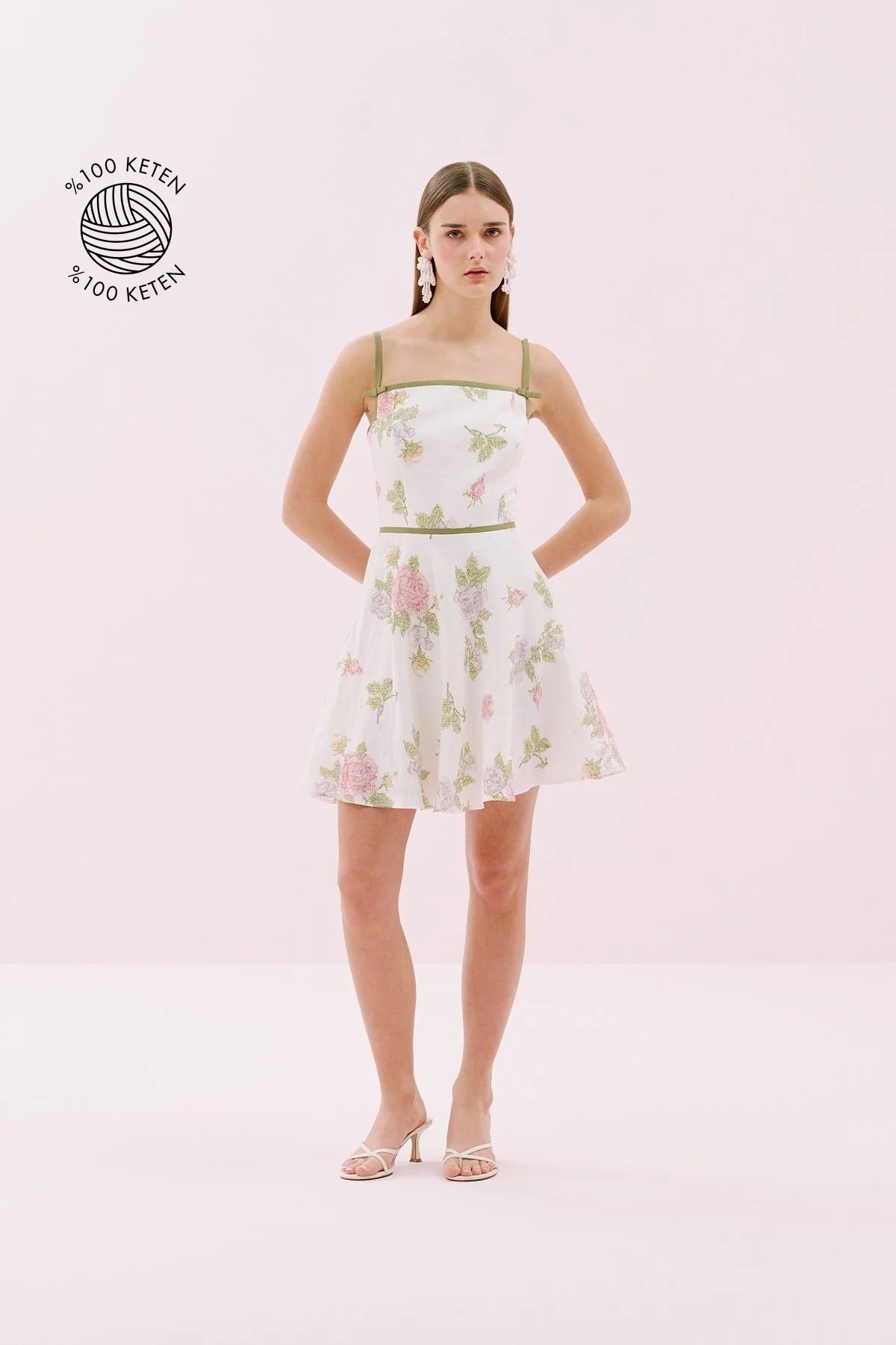 Kanaviçe Desenli İnce Askılı Mini Elbise Standart Renk - 1