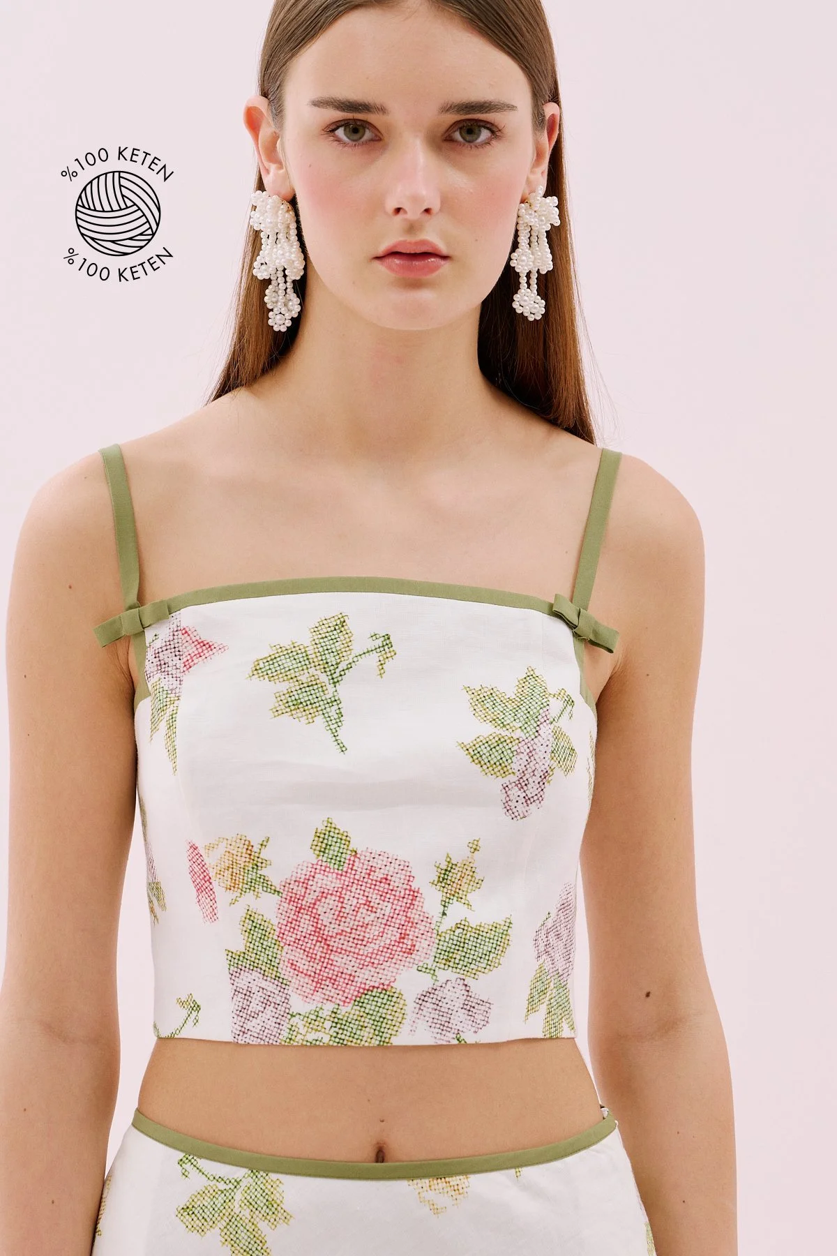 Keten Kanaviçe Desenli İnce Askılı Büstiyer Standart Renk - 1