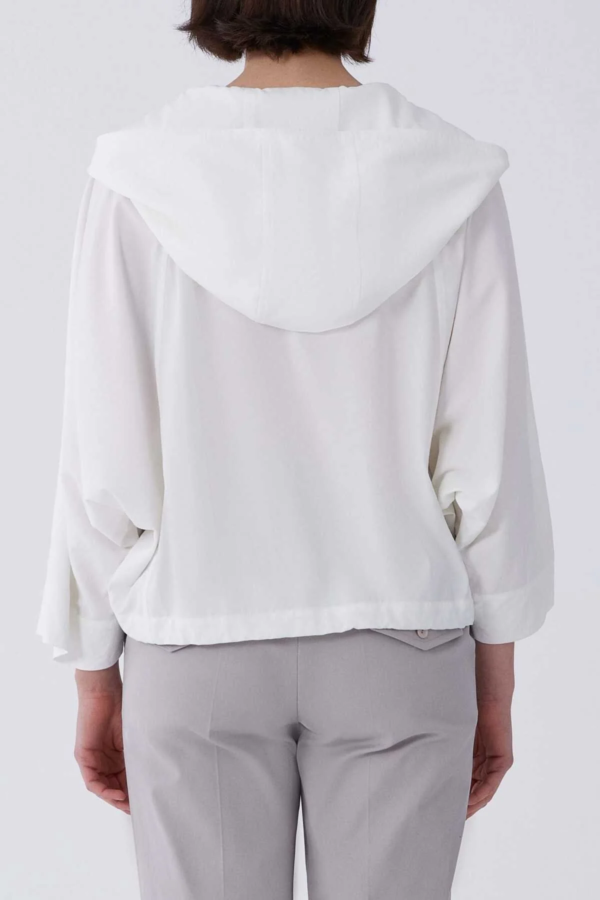 Kapüşonlu Beli Lastikli Kısa Mont Beyaz - 2