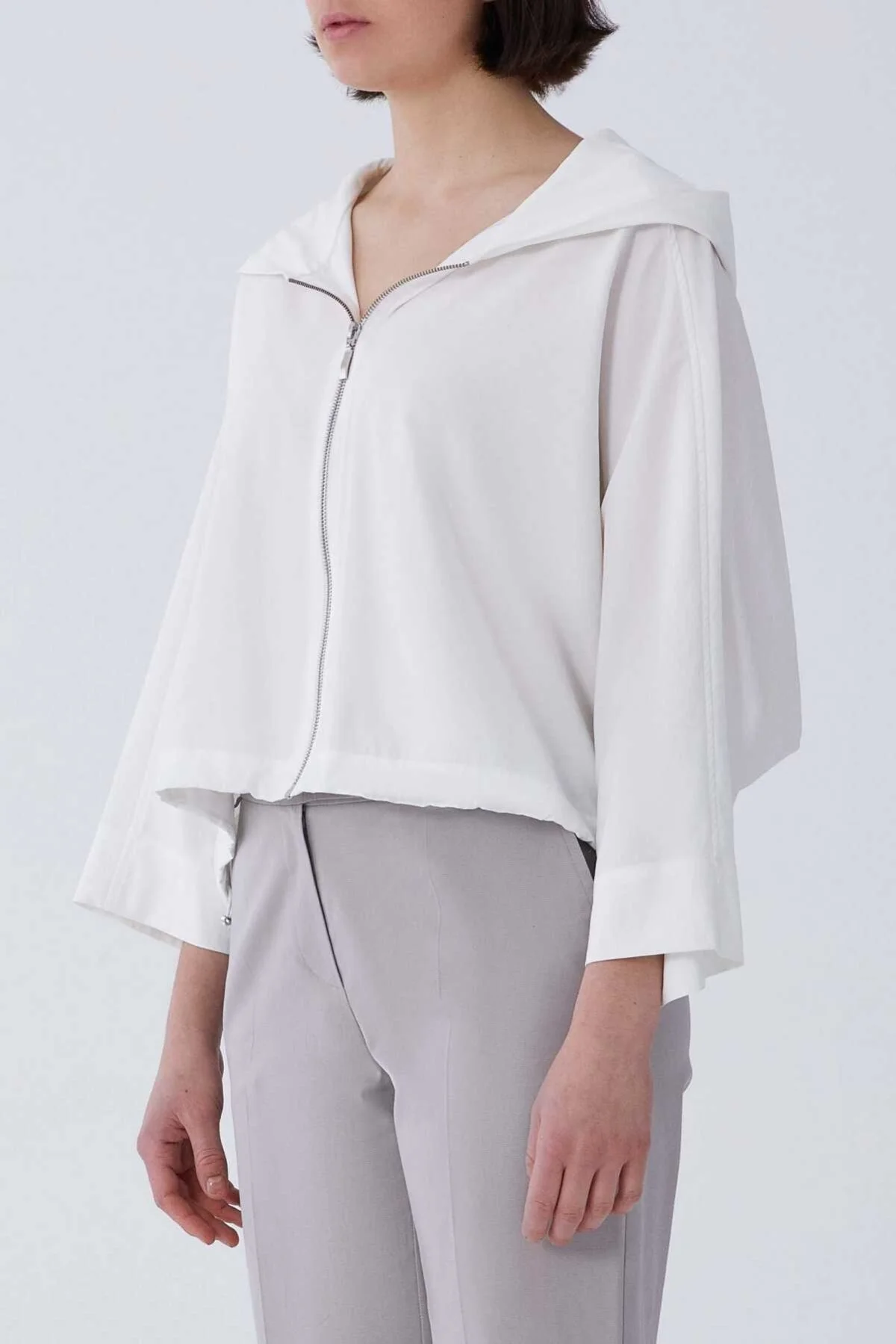 Kapüşonlu Beli Lastikli Kısa Mont Beyaz - 3