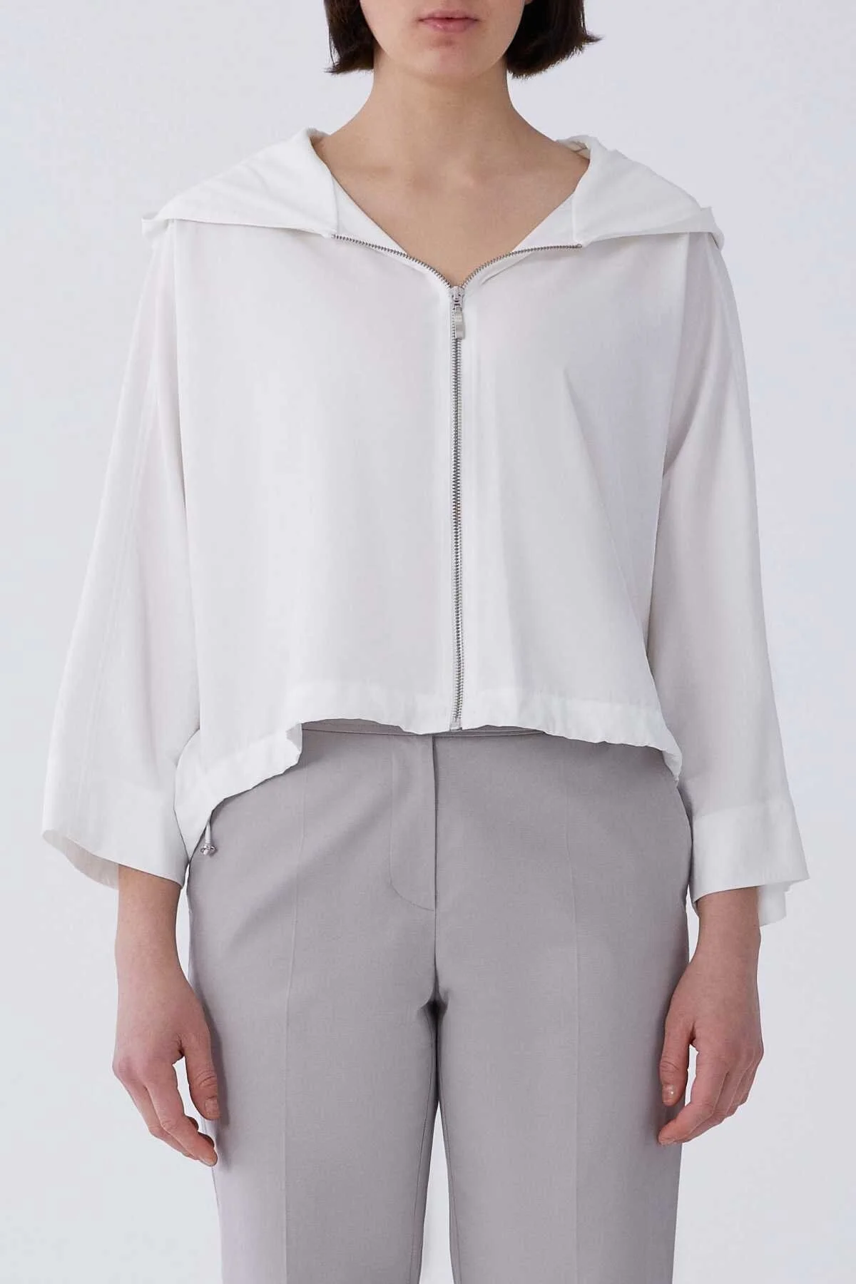 Kapüşonlu Beli Lastikli Kısa Mont Beyaz - 1