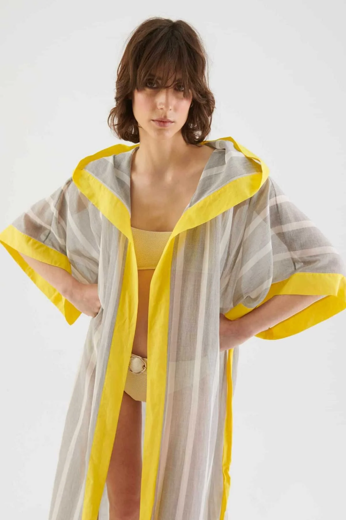 Kapüşonlu Çizgili Kimono Standart Renk - 4