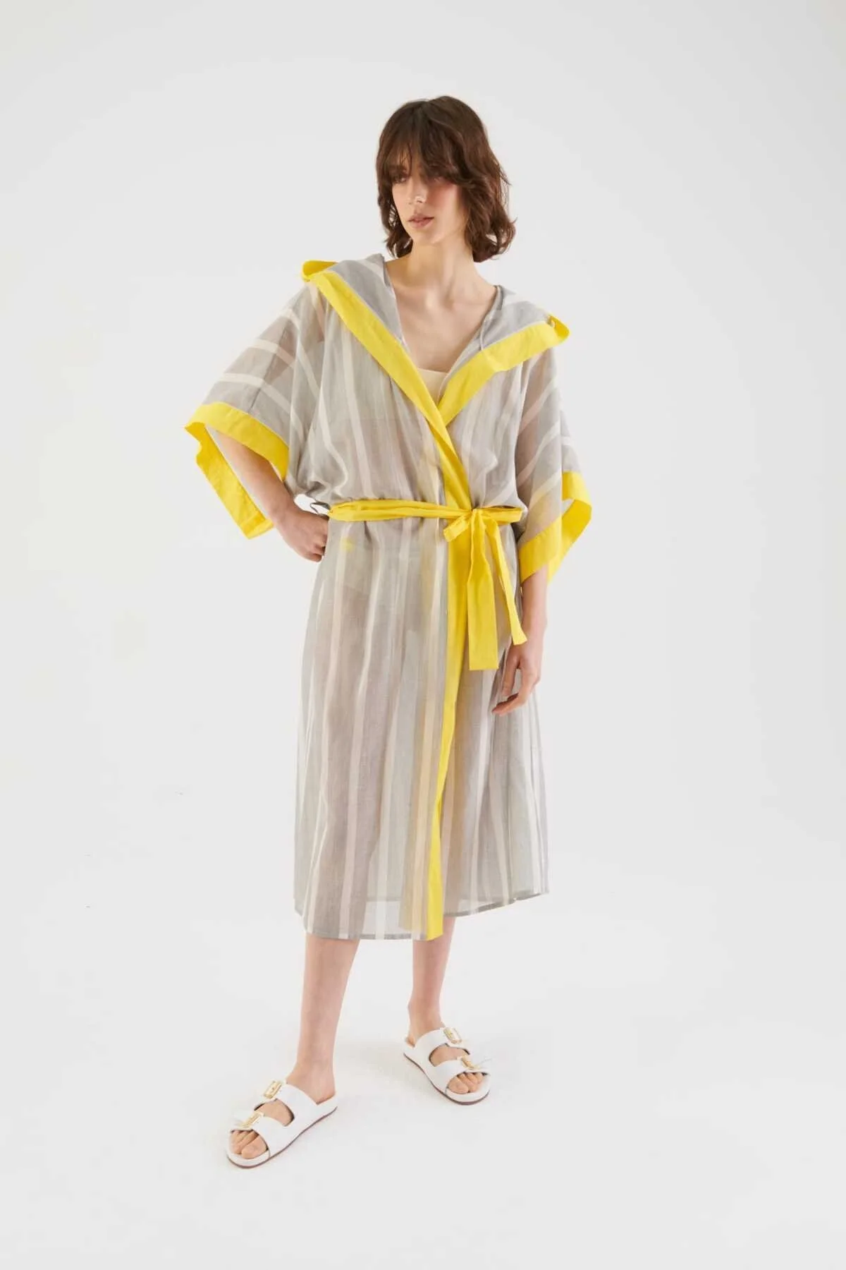 Kapüşonlu Çizgili Kimono Standart Renk - 1