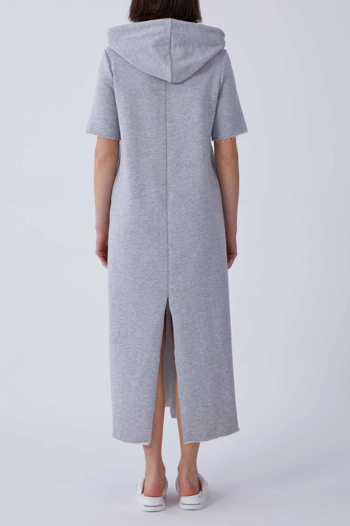 Kapüşonlu Nazar Boncuk İşlemeli Kısa Kol Uzun Elbise Gri - 2