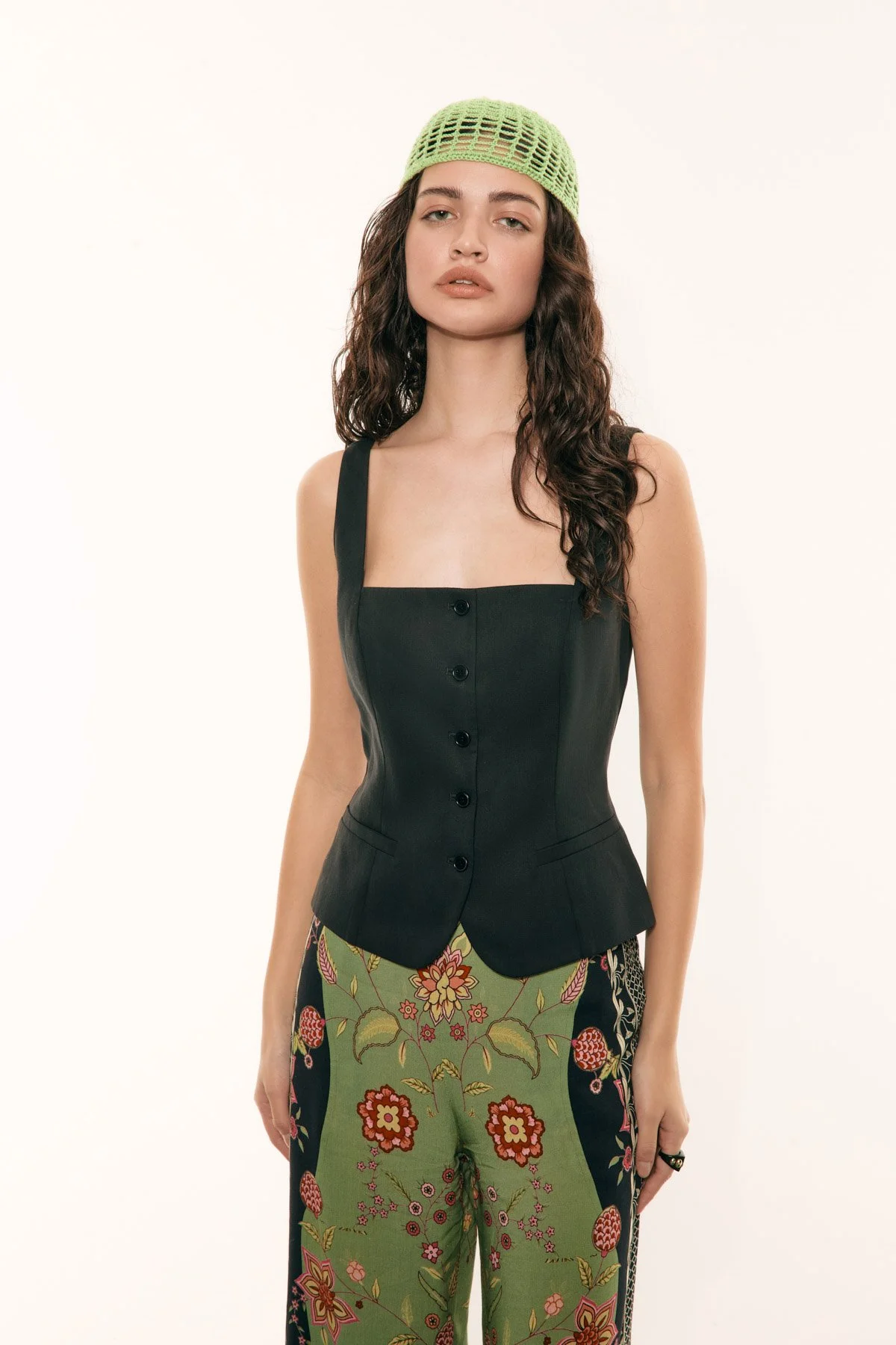 Kare Yaka Önden Düğmeli Fit Yelek Lacivert - 1