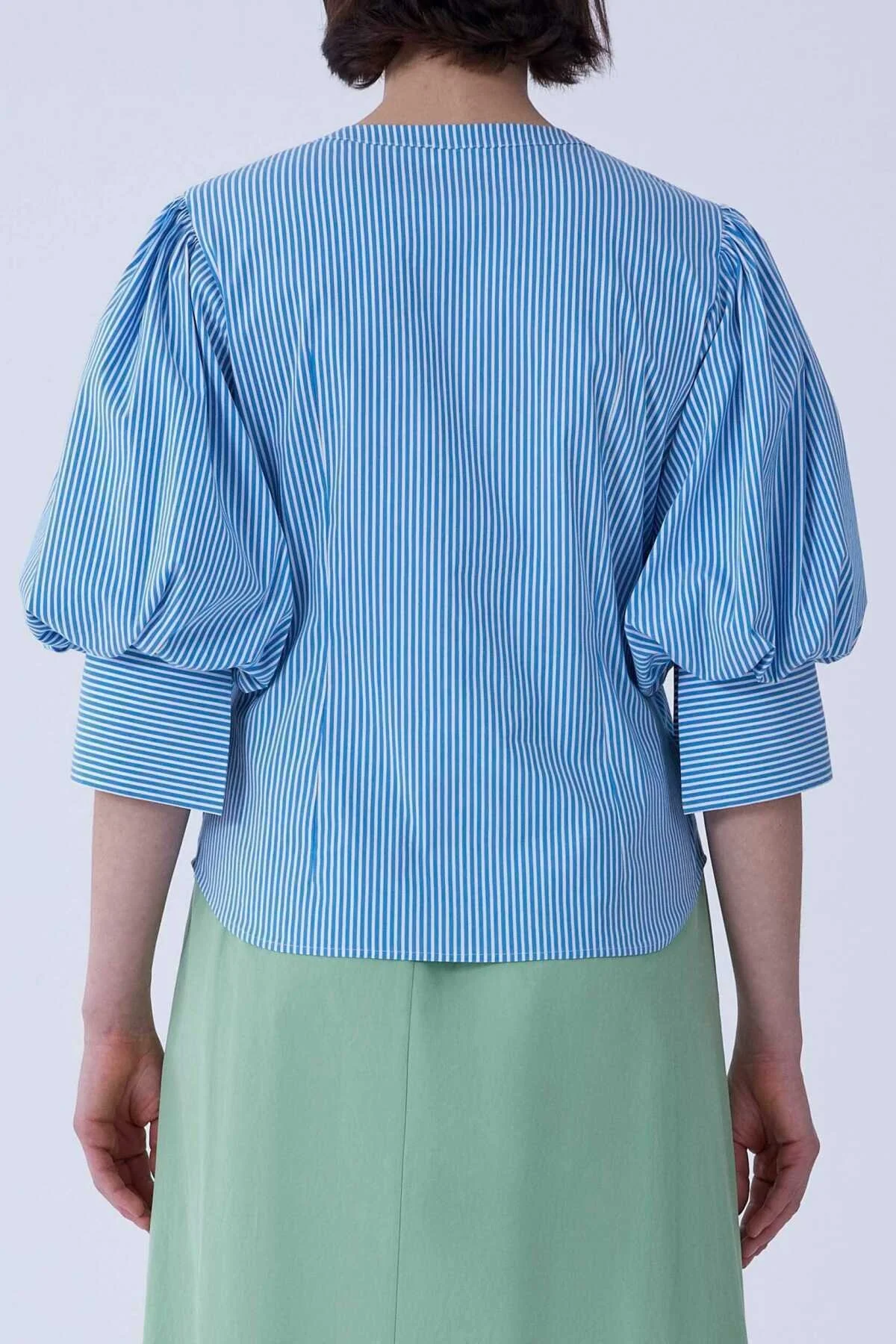 Karpuz Kol Mavi Kadın Çizgili Gömlek Mavi - Beyaz - 2