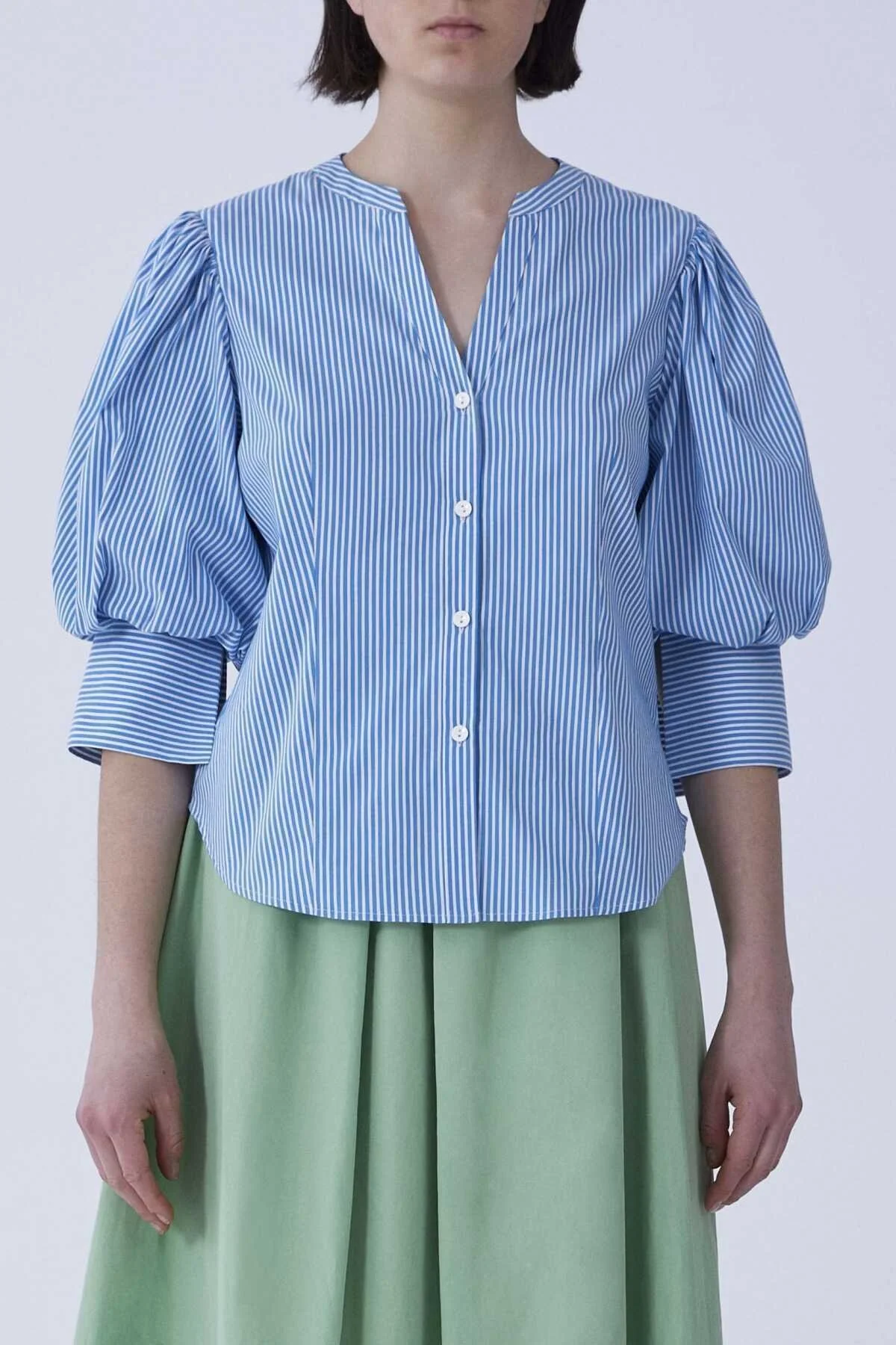 Karpuz Kol Mavi Kadın Çizgili Gömlek Mavi - Beyaz - 1