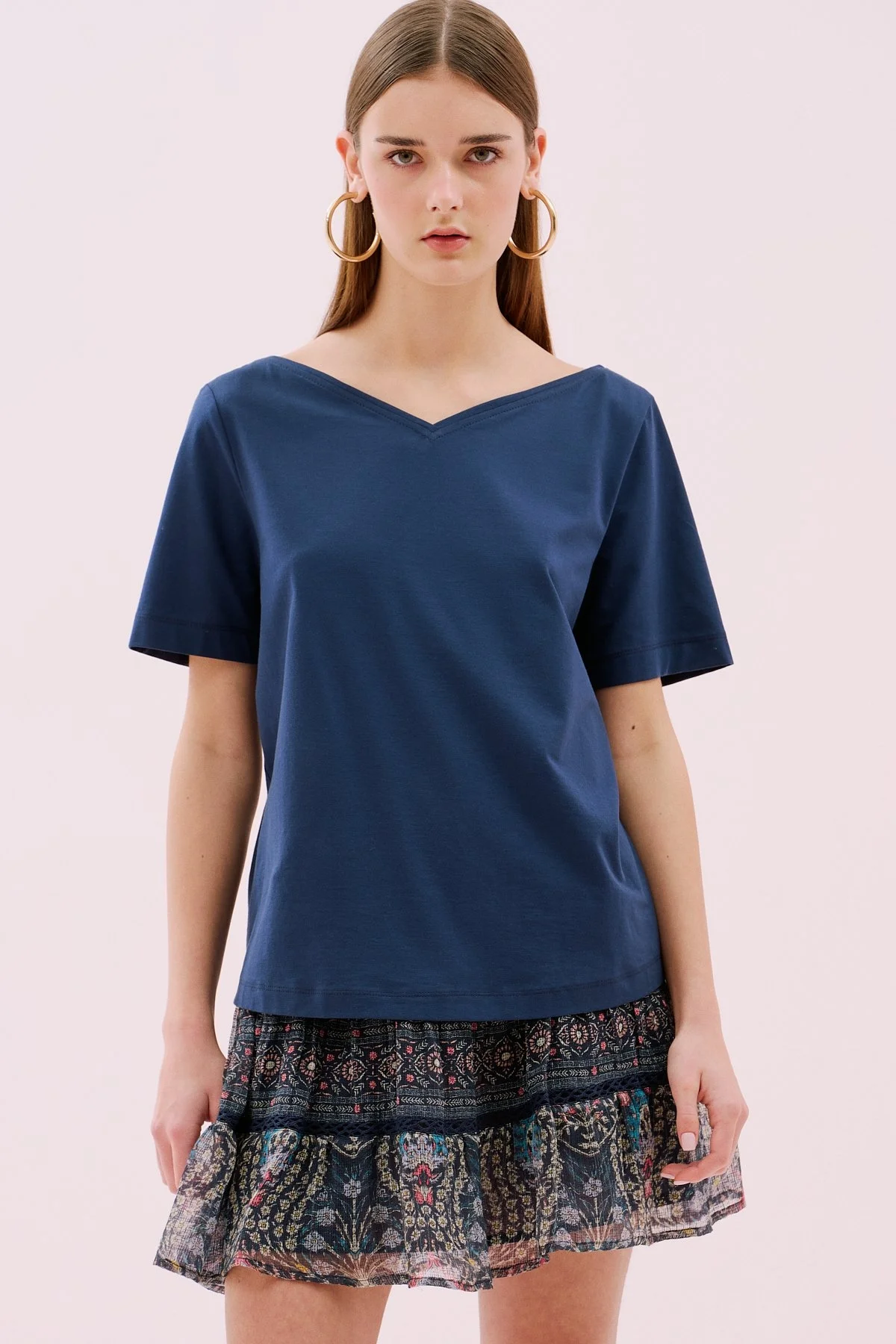 Kayık V Yaka Kısa Kol T-Shirt Lacivert - 1