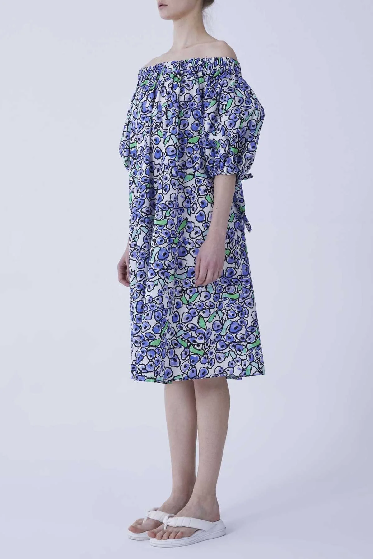 Kayık Yaka Karpuz Kol Floral Desen Elbise Standart Renk - 3