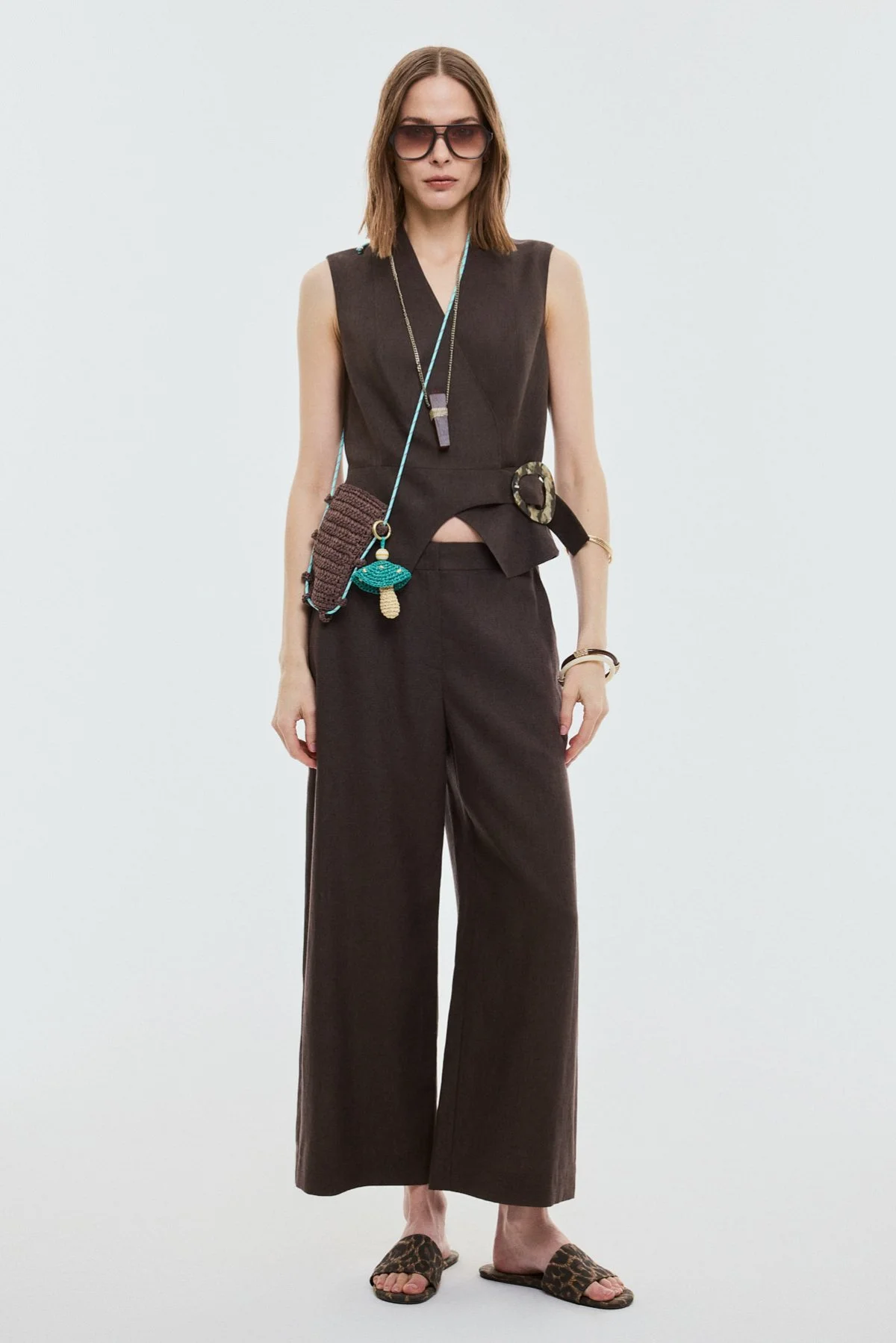 Kemer Detaylı Kruvaze Keten Yelek Kahve - 5