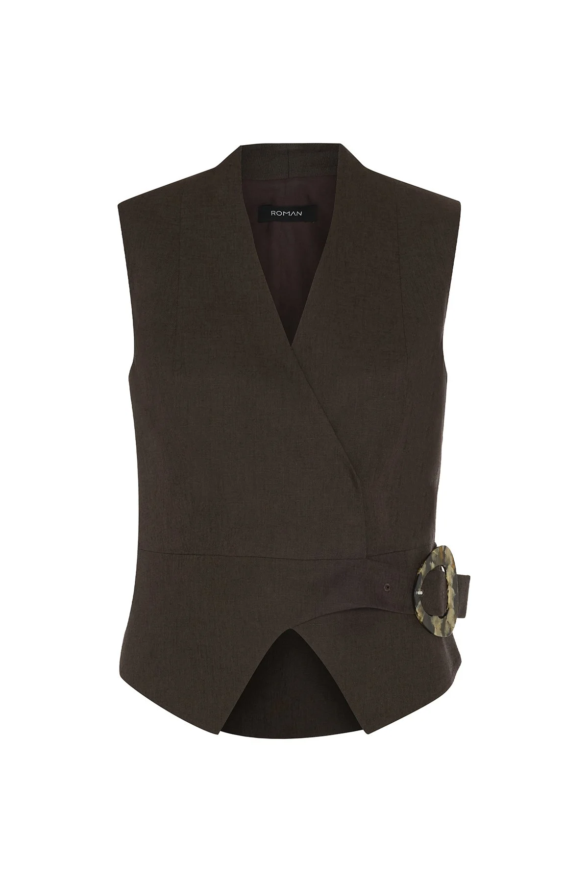 Kemer Detaylı Kruvaze Keten Yelek Kahve - 6