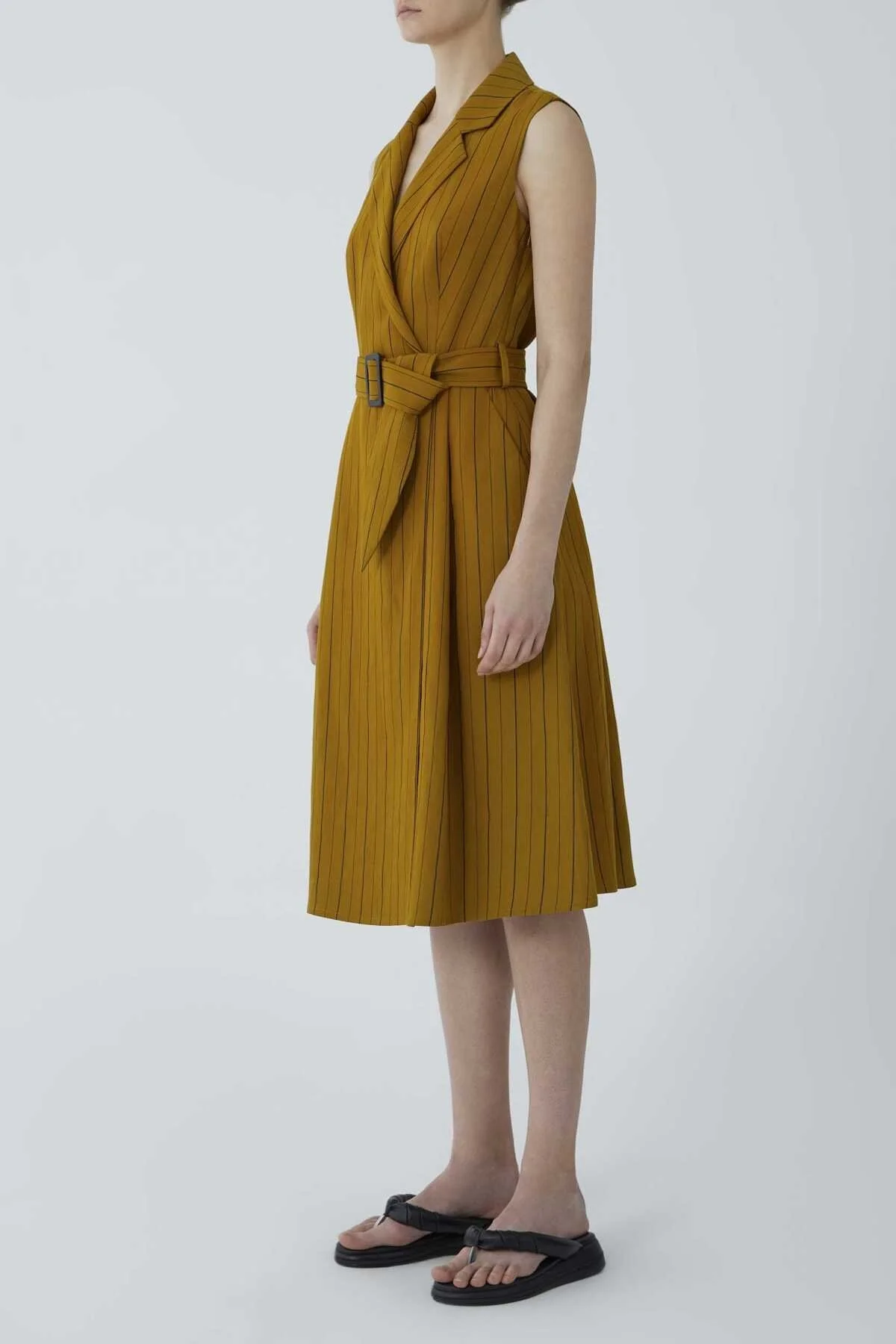 Kemerli Askılı Siyah Çizgili Günlük Elbise Hardal - 3