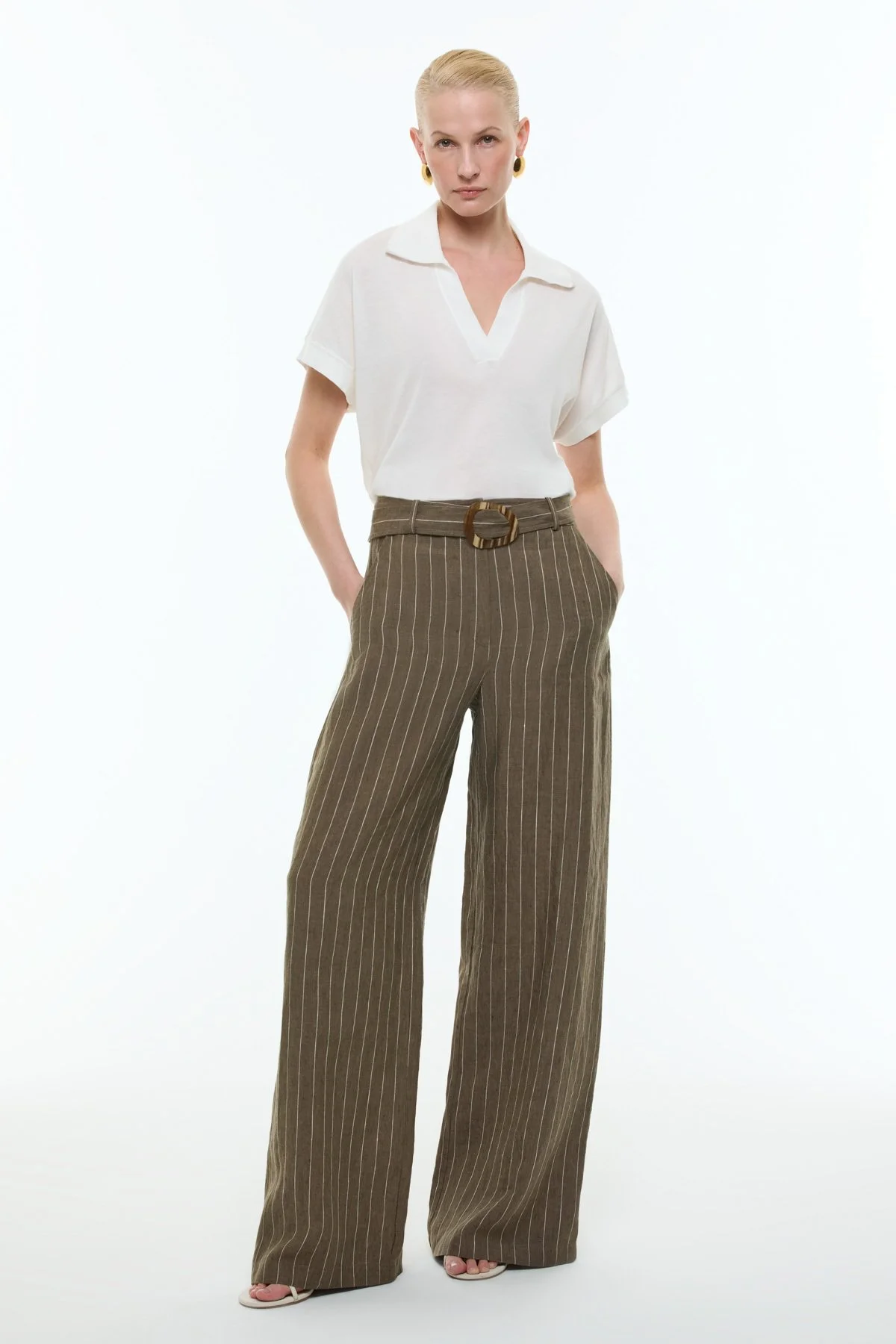 Kemerli Çizgili Keten Pantolon Haki - 1