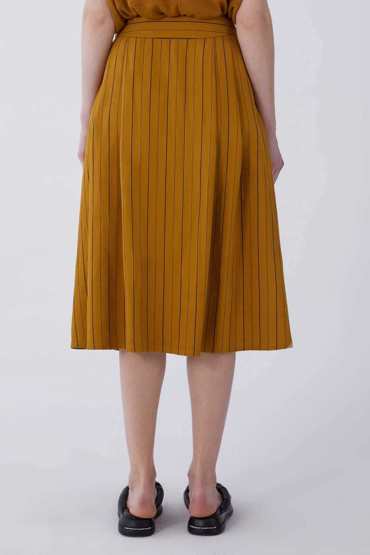 Kemerli Çizgili Uzun Etek Hardal - 2