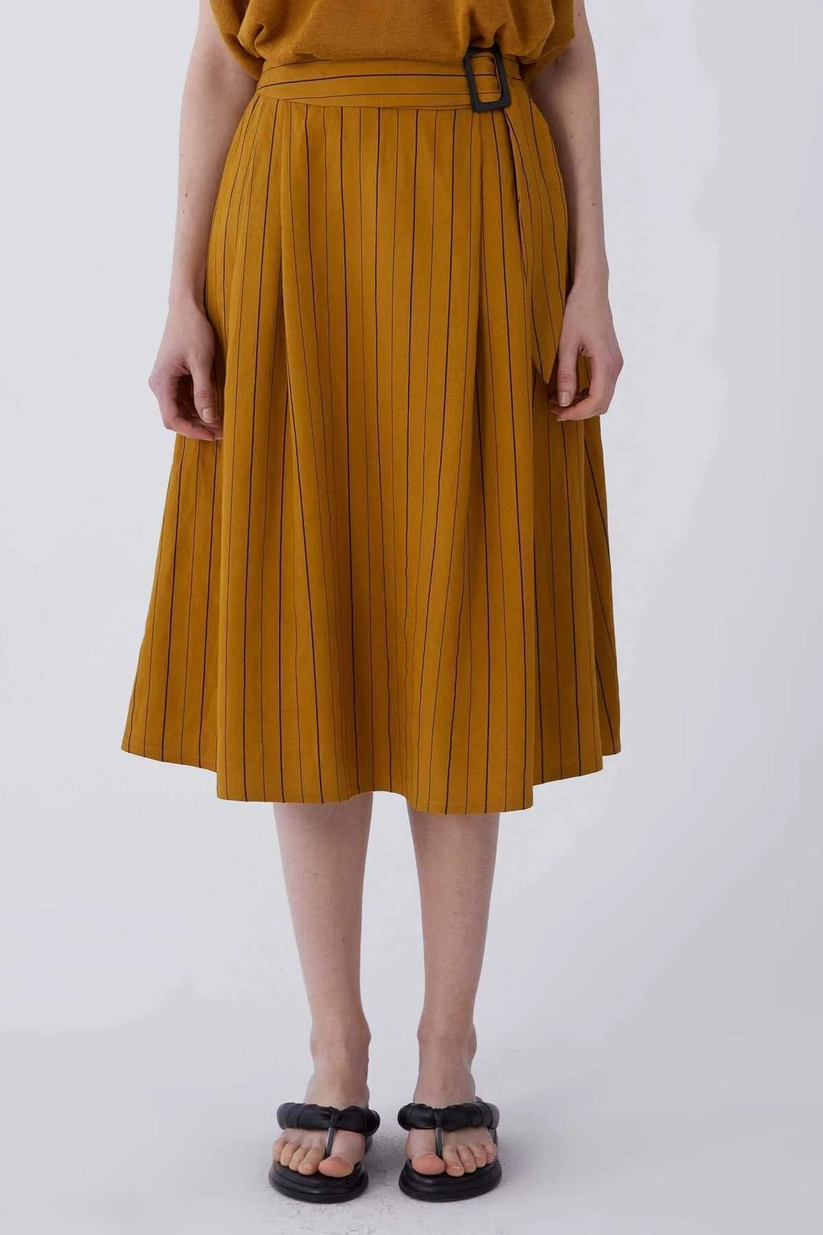 Kemerli Çizgili Uzun Etek Hardal - 1