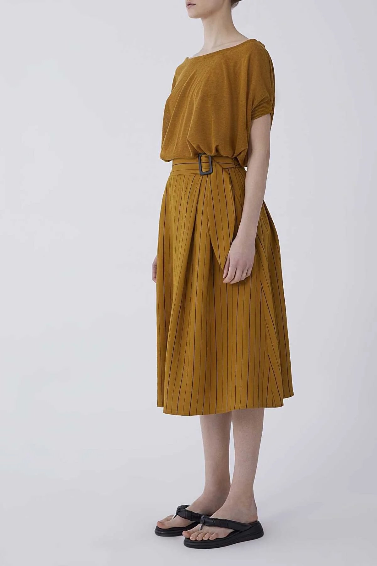 Kemerli Çizgili Uzun Etek Hardal - 3