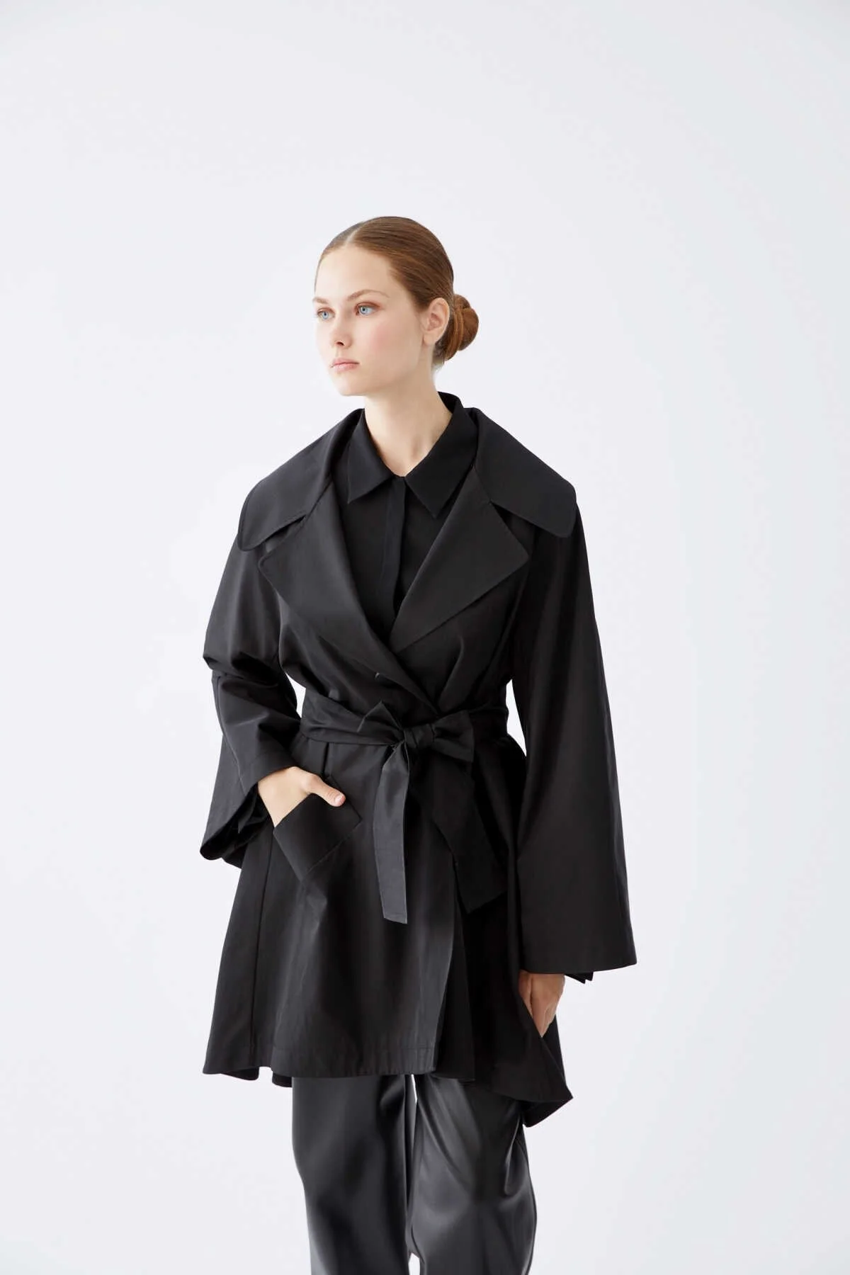  Kemerli Kadın Trençkot Siyah - 1