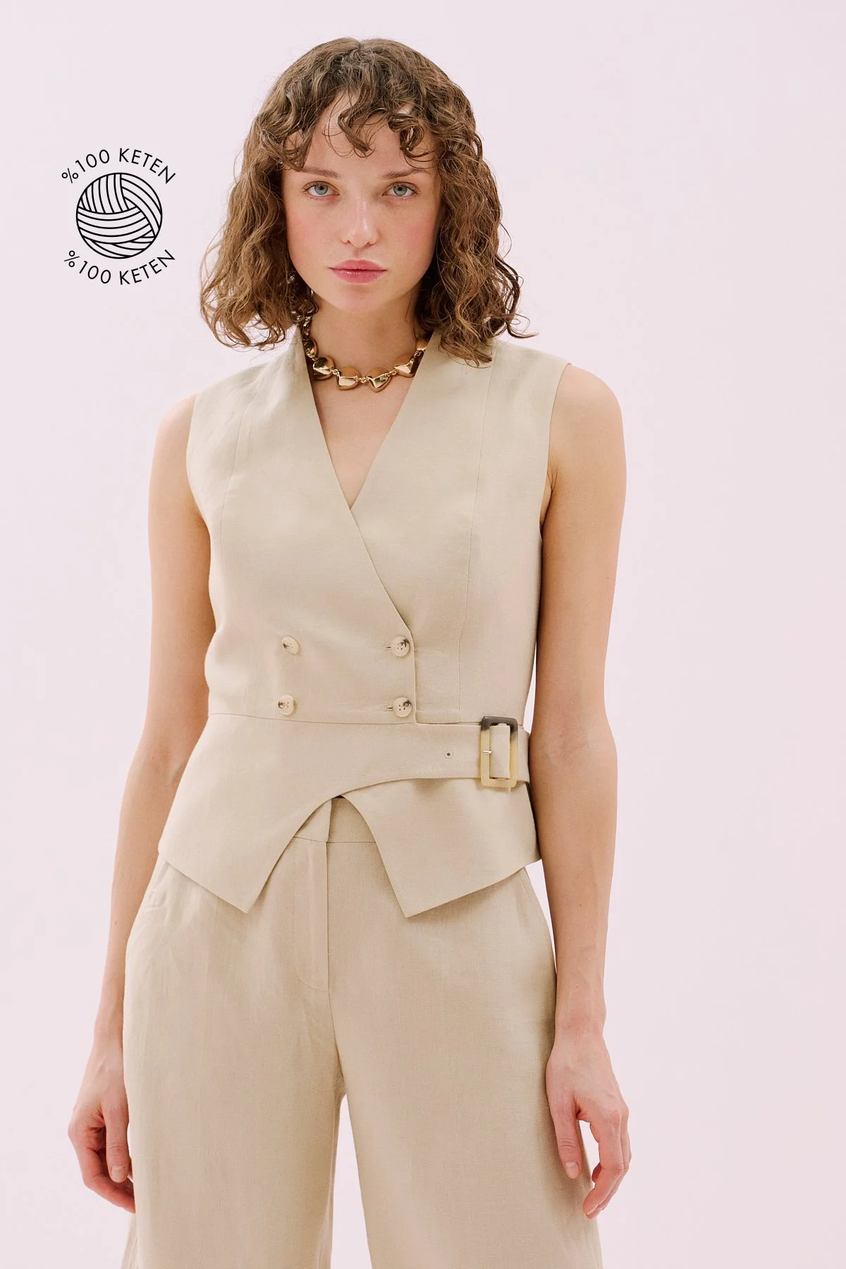 Kemerli Kruvaze Keten Yelek Bej - 1