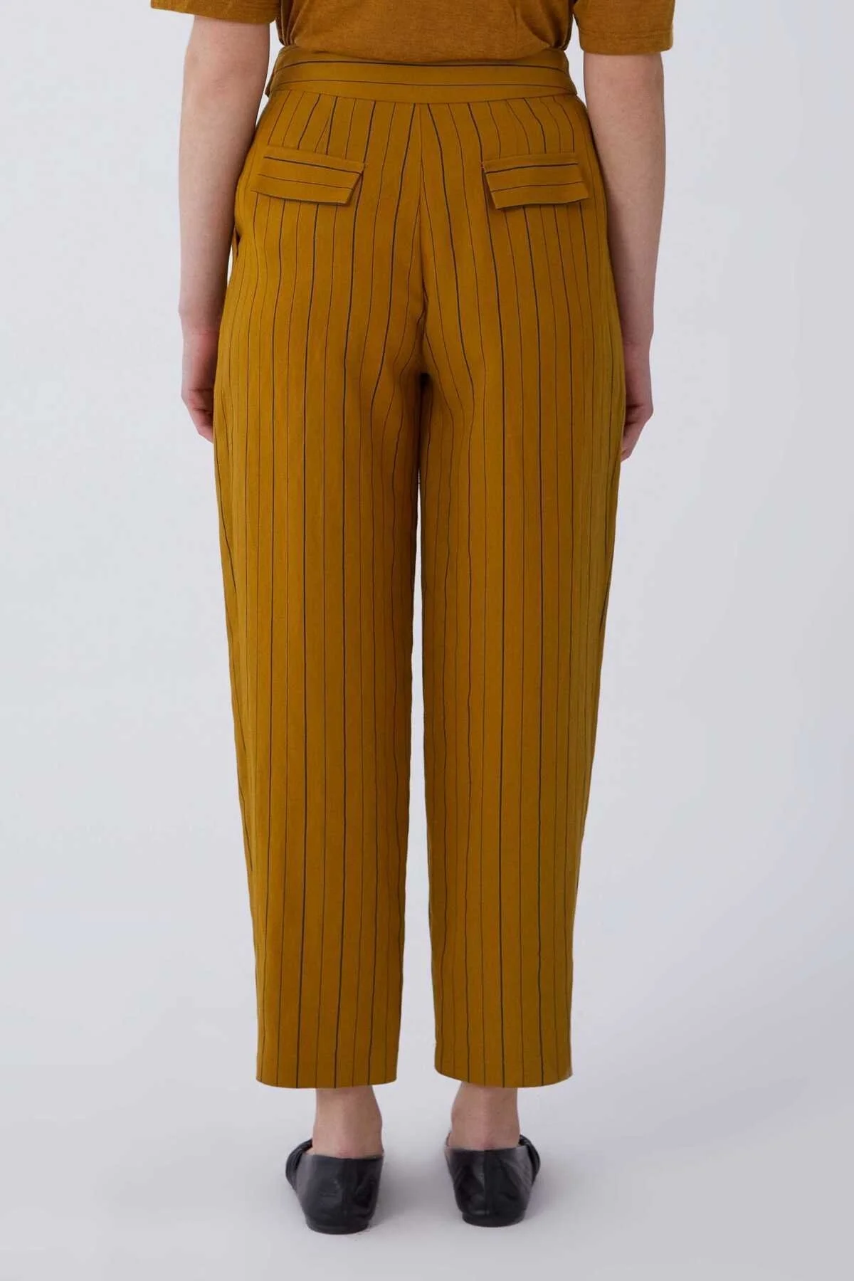 Kemerli Siyah Çizgili Pantolon Hardal - 2