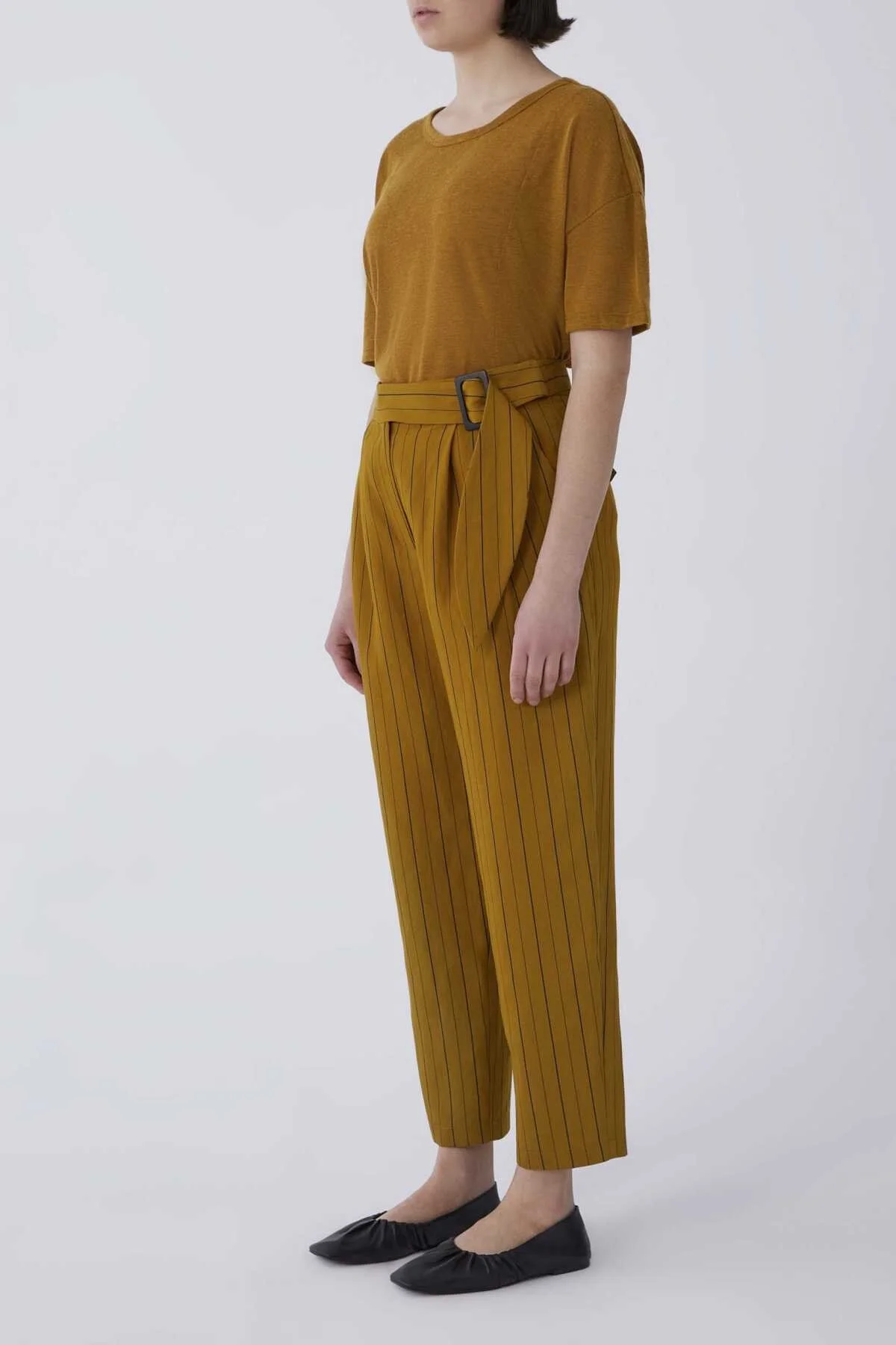 Kemerli Siyah Çizgili Pantolon Hardal - 3