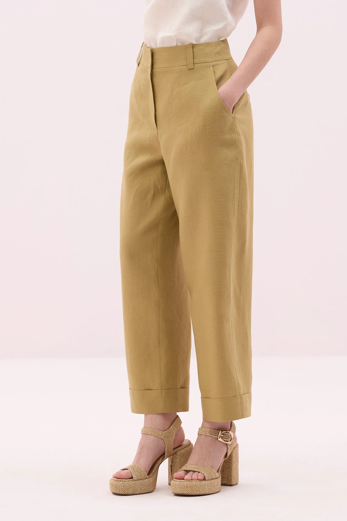 Keten Double Paça Pantolon Olive - 3