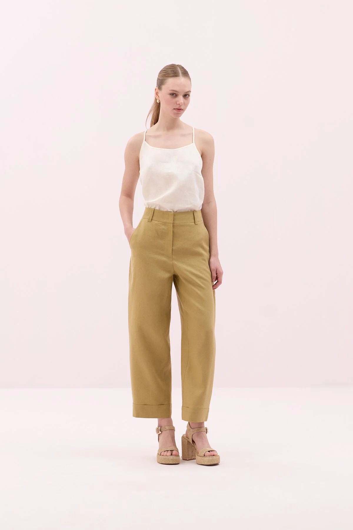 Keten Double Paça Pantolon Olive - 1
