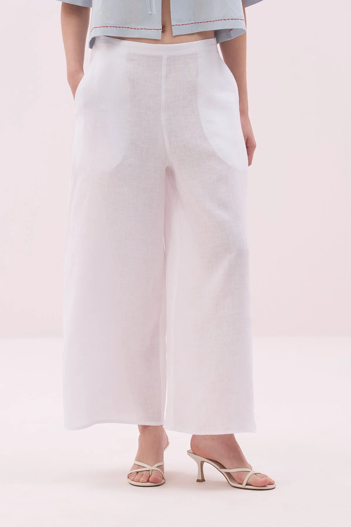 Keten Geniş Paça Pantolon Beyaz - 4