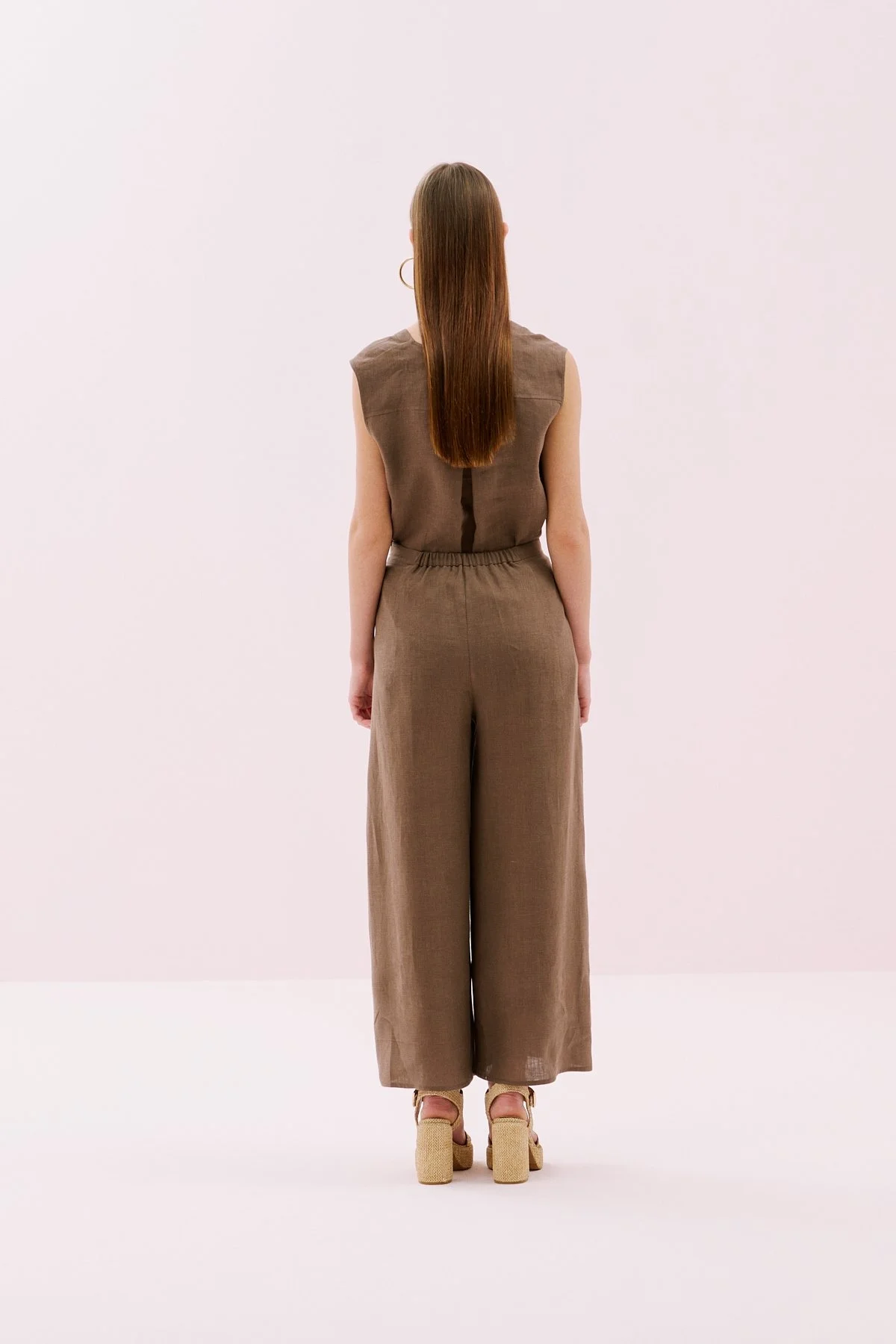 Keten Geniş Paça Pantolon Kahve - 2