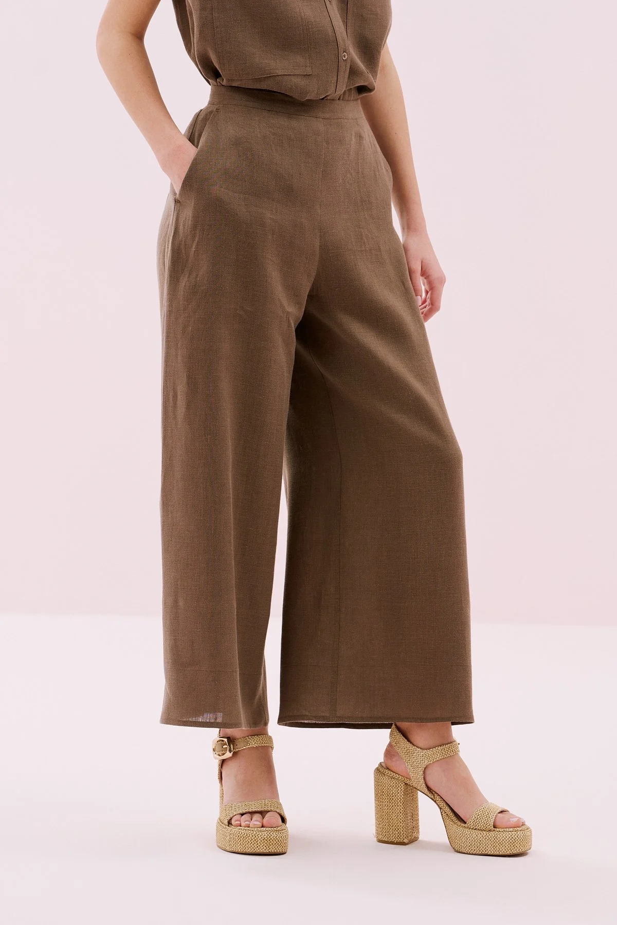 Keten Geniş Paça Pantolon Kahve - 3
