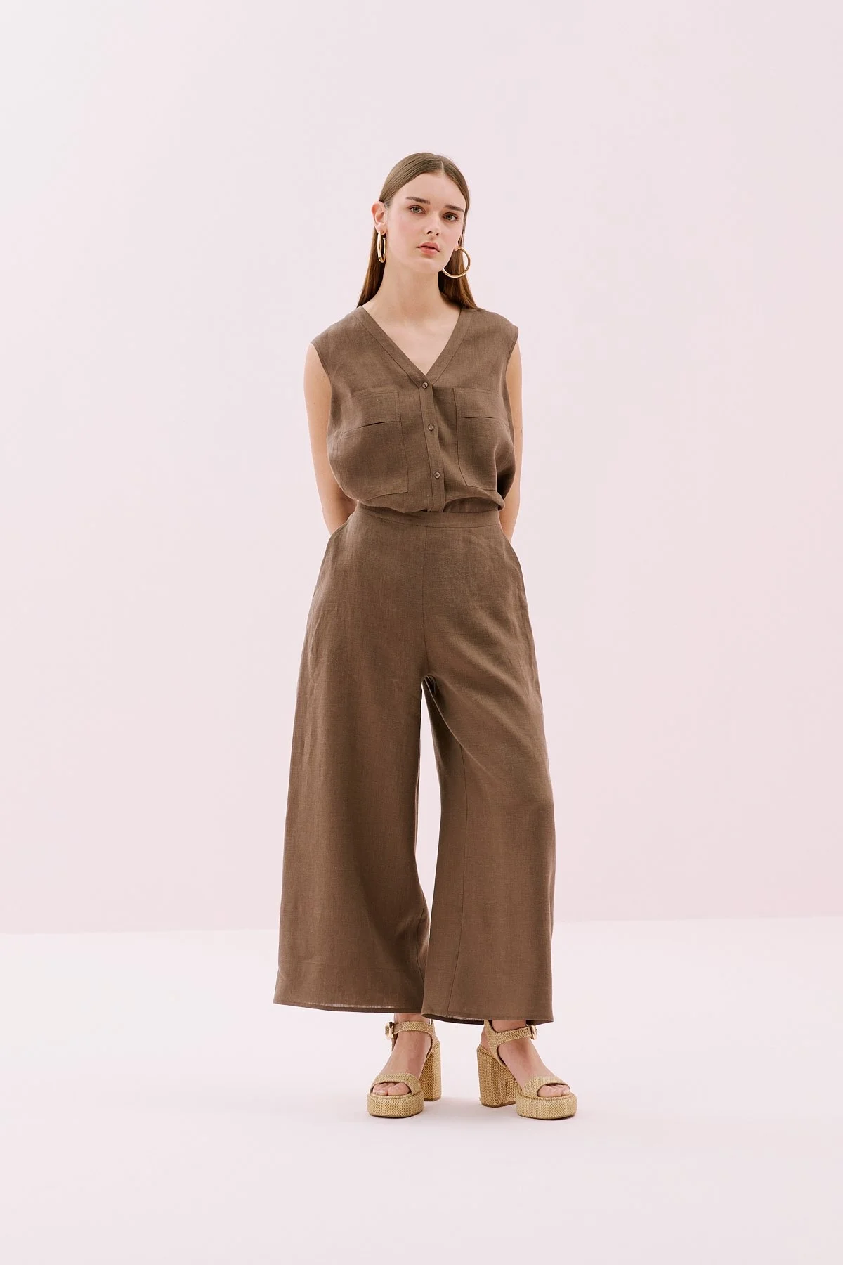 Keten Geniş Paça Pantolon Kahve - 1