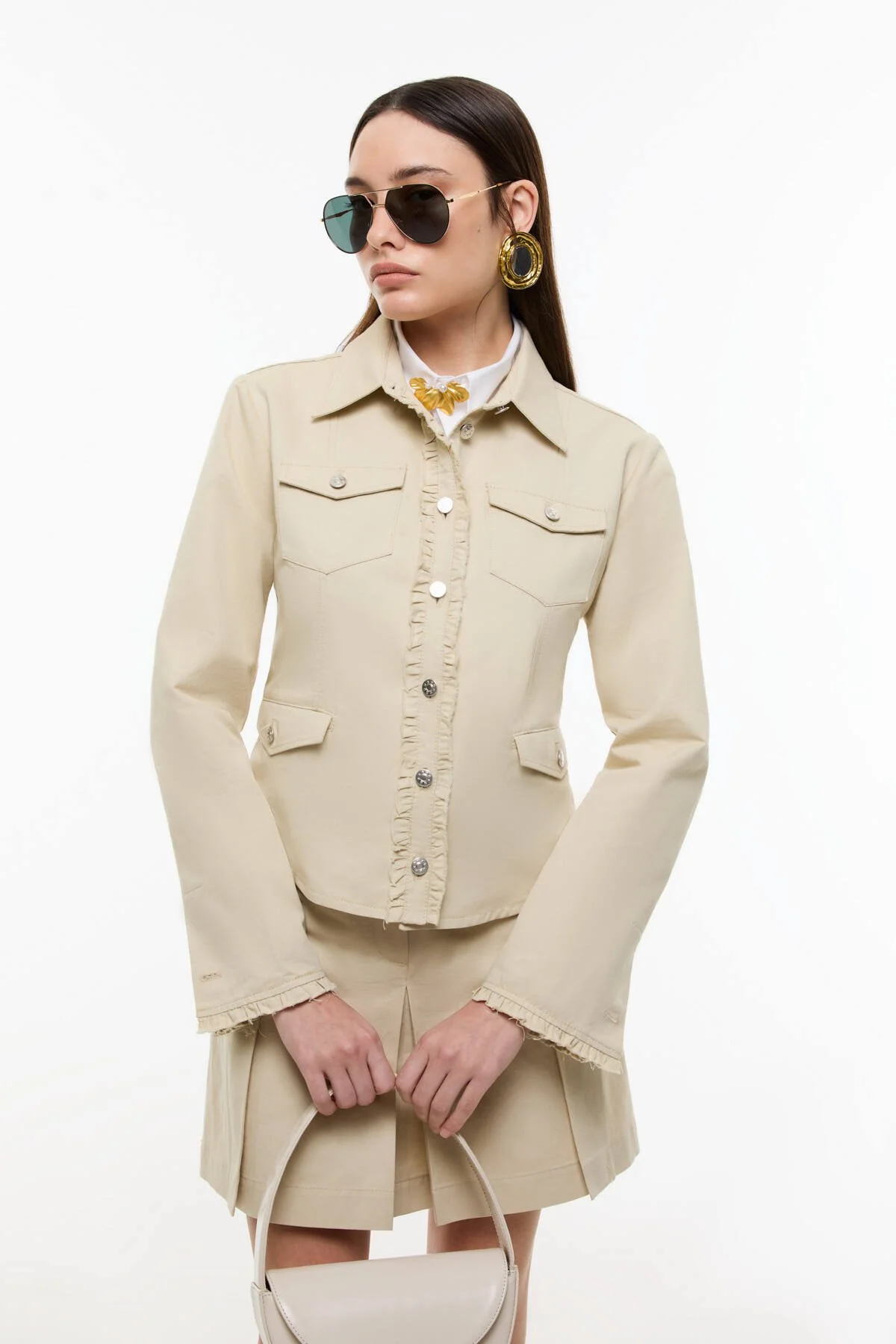 Keten Karışımlı Metal Düğmeli Fit Ceket Bej - 1