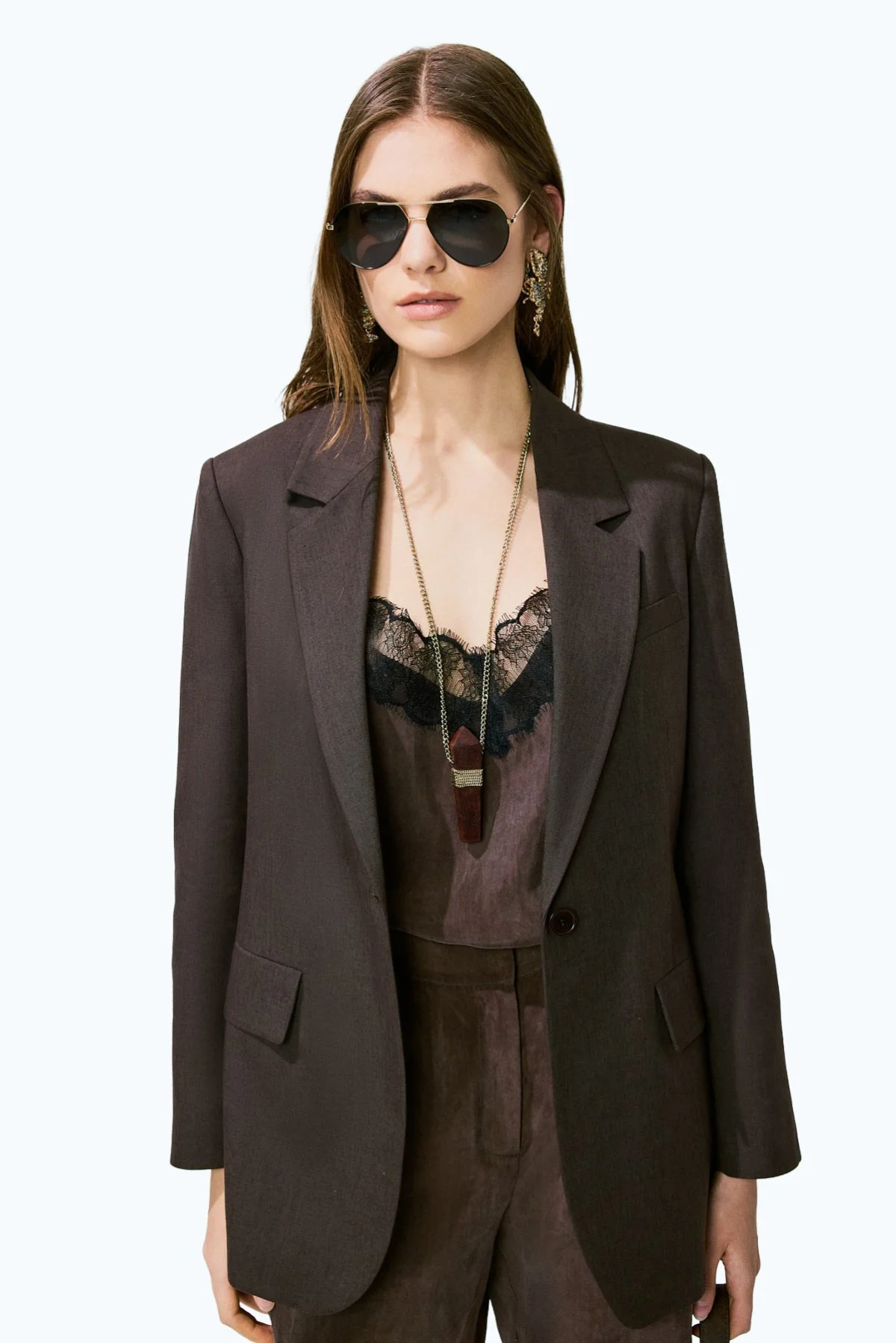 Keten Tek Düğmeli Blazer Ceket Kahve - 1