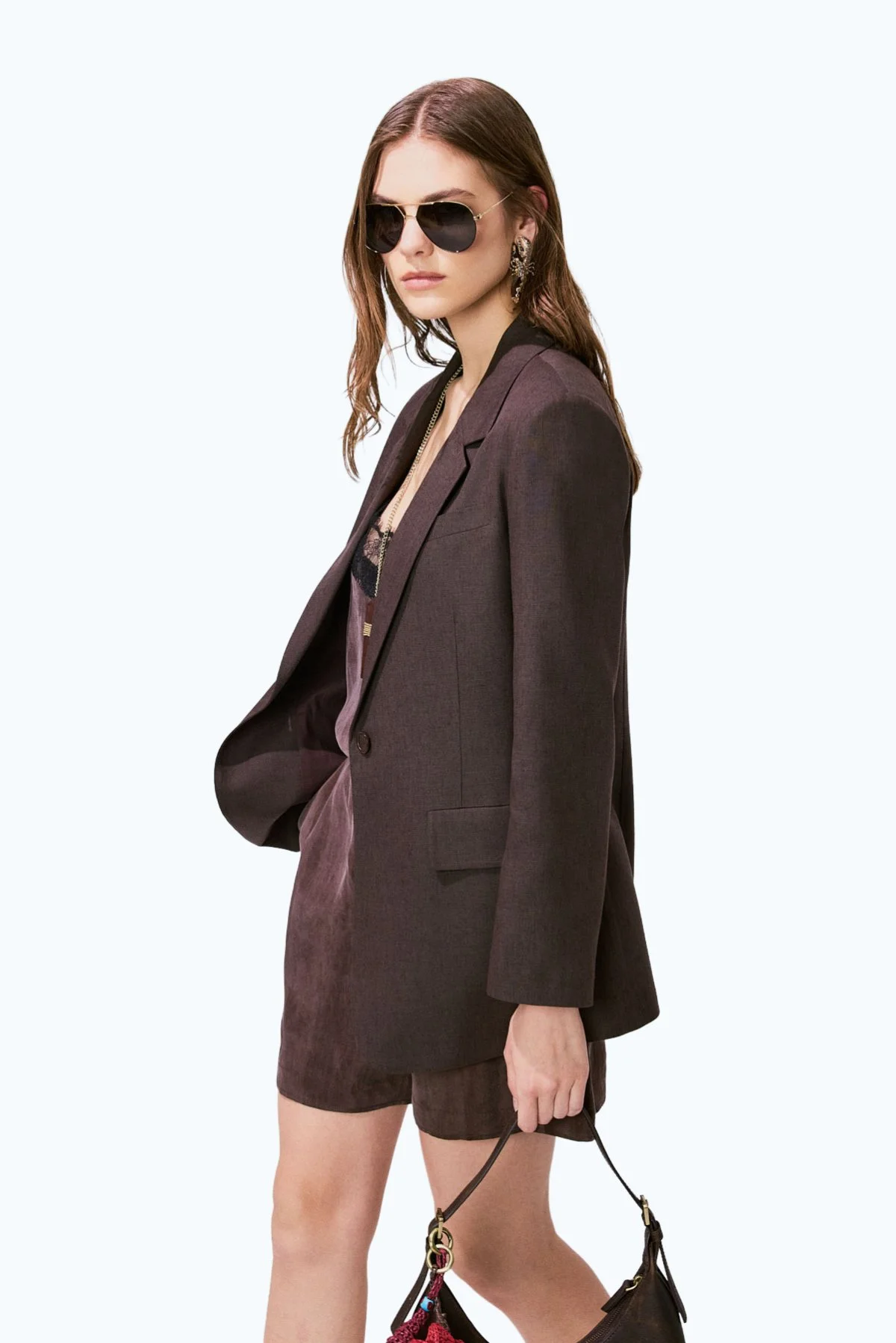 Keten Tek Düğmeli Blazer Ceket Kahve - 5