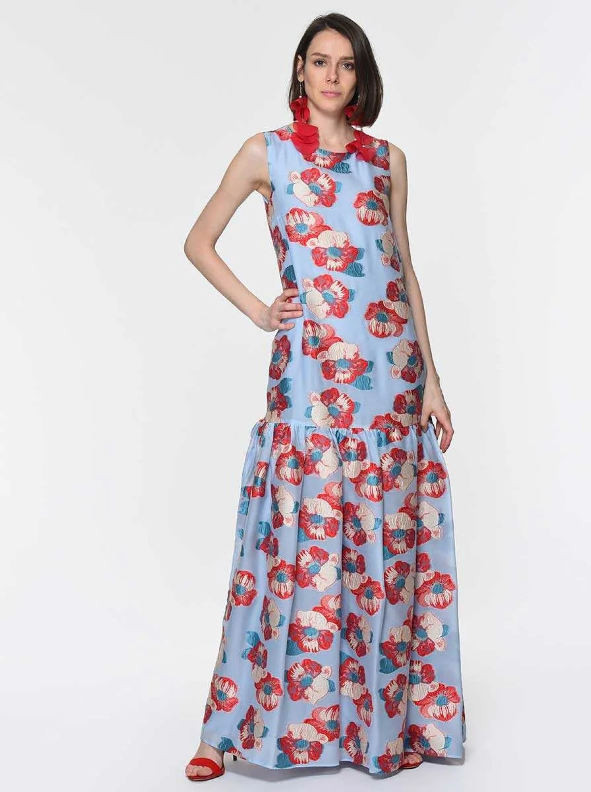 Kırmızı Çiçekli Uzun Elbise Standart Renk - 1