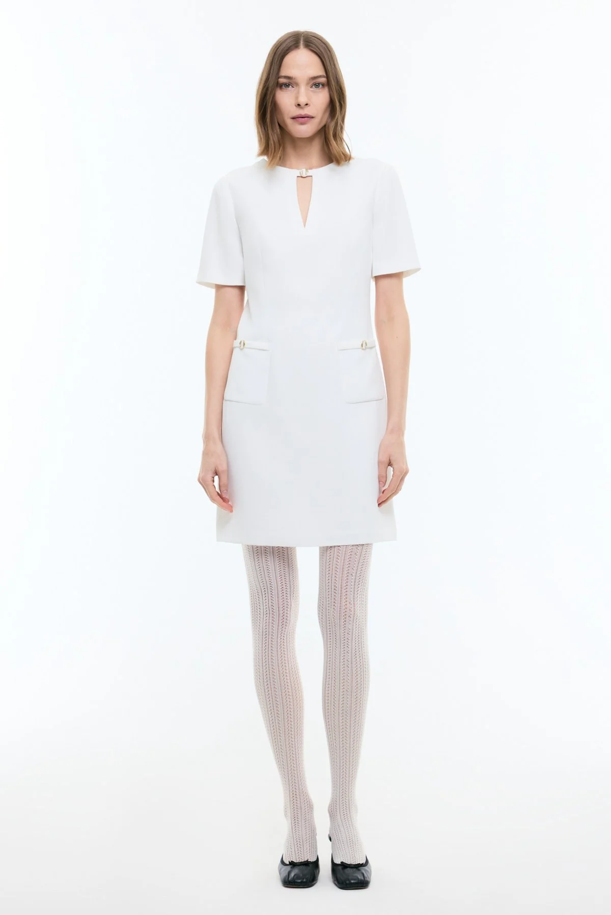 Kısa Kol Cepli Elbise Beyaz - 1