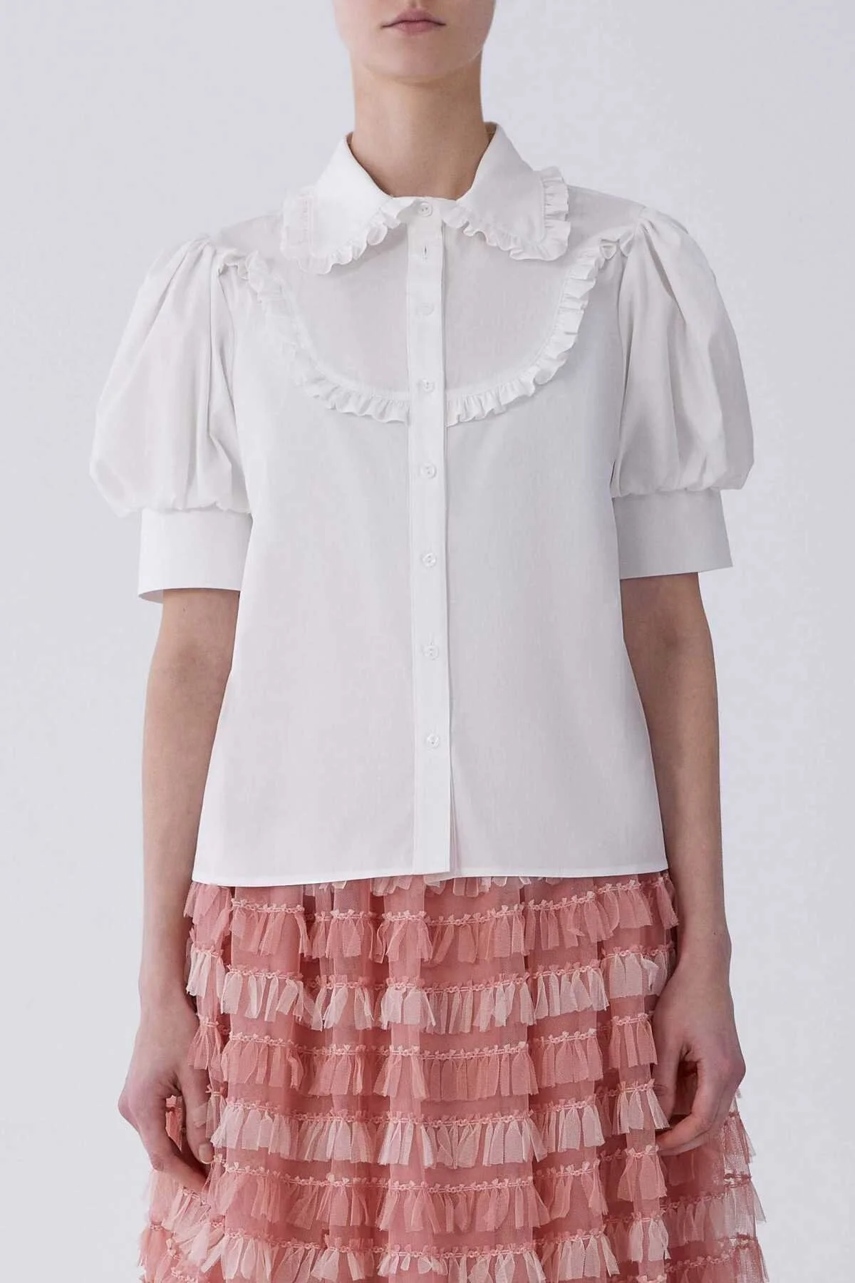 Kısa Kol Fırfır Detaylı Gömlek Beyaz - 1