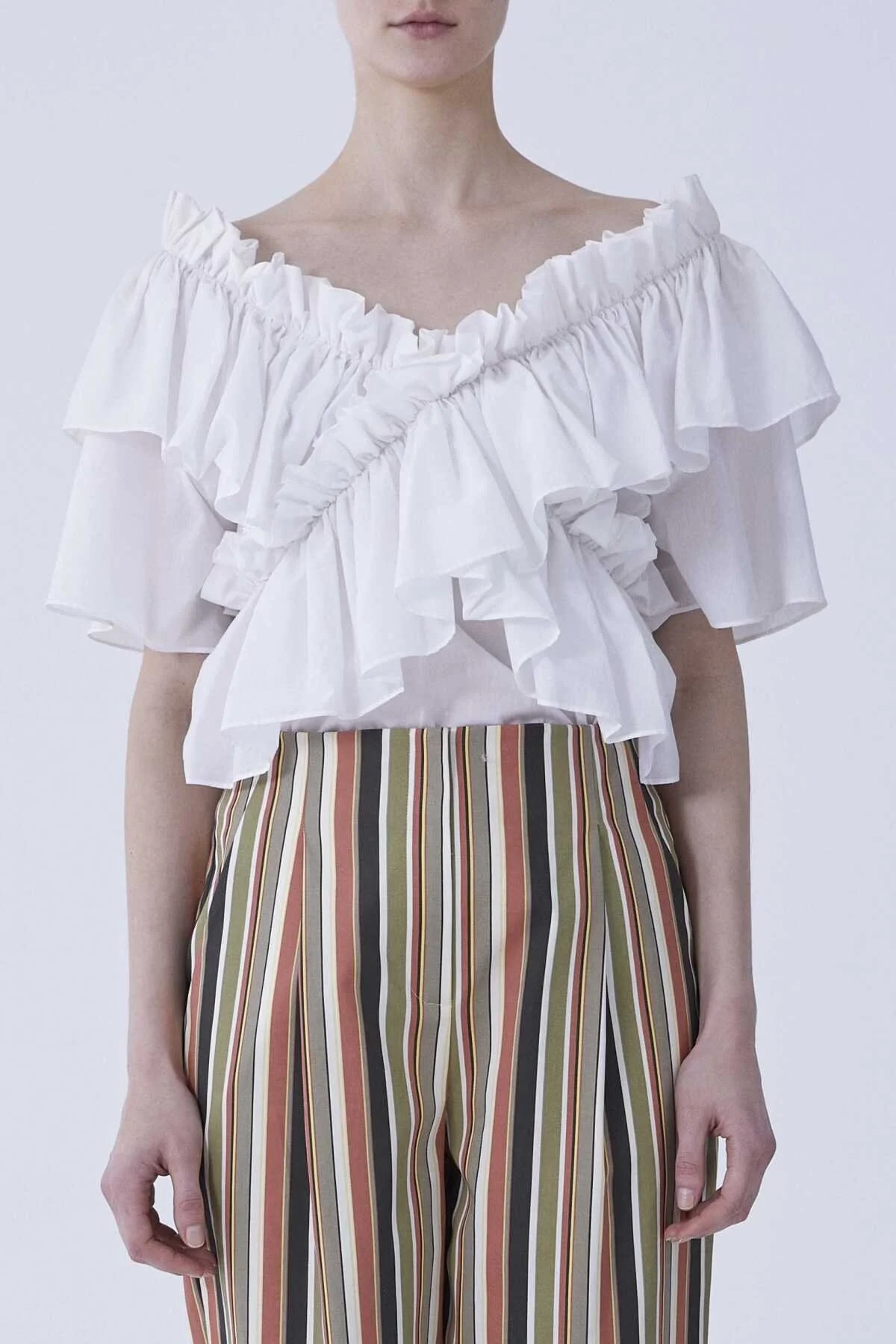 Kısa Kol Fırfırlı Bluz Beyaz - 1