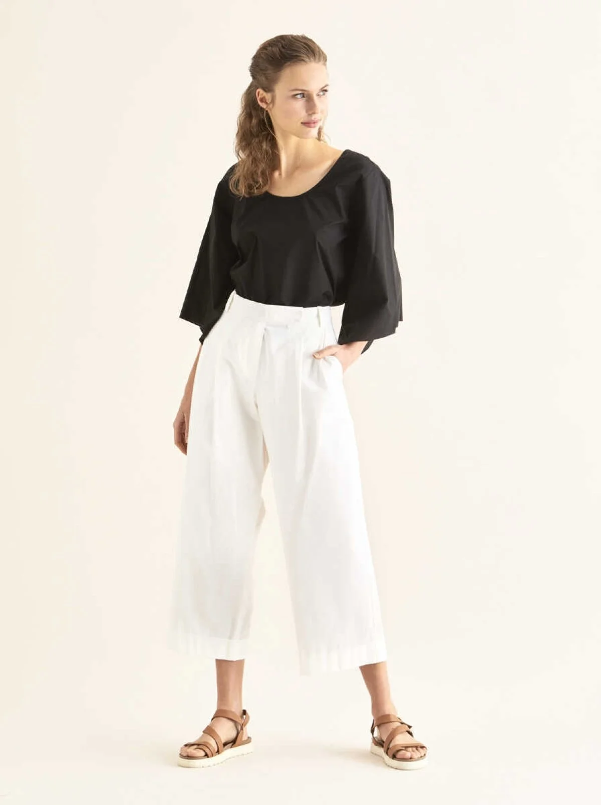 Kısa Ve Geniş Paça Pantolon Krem - 1