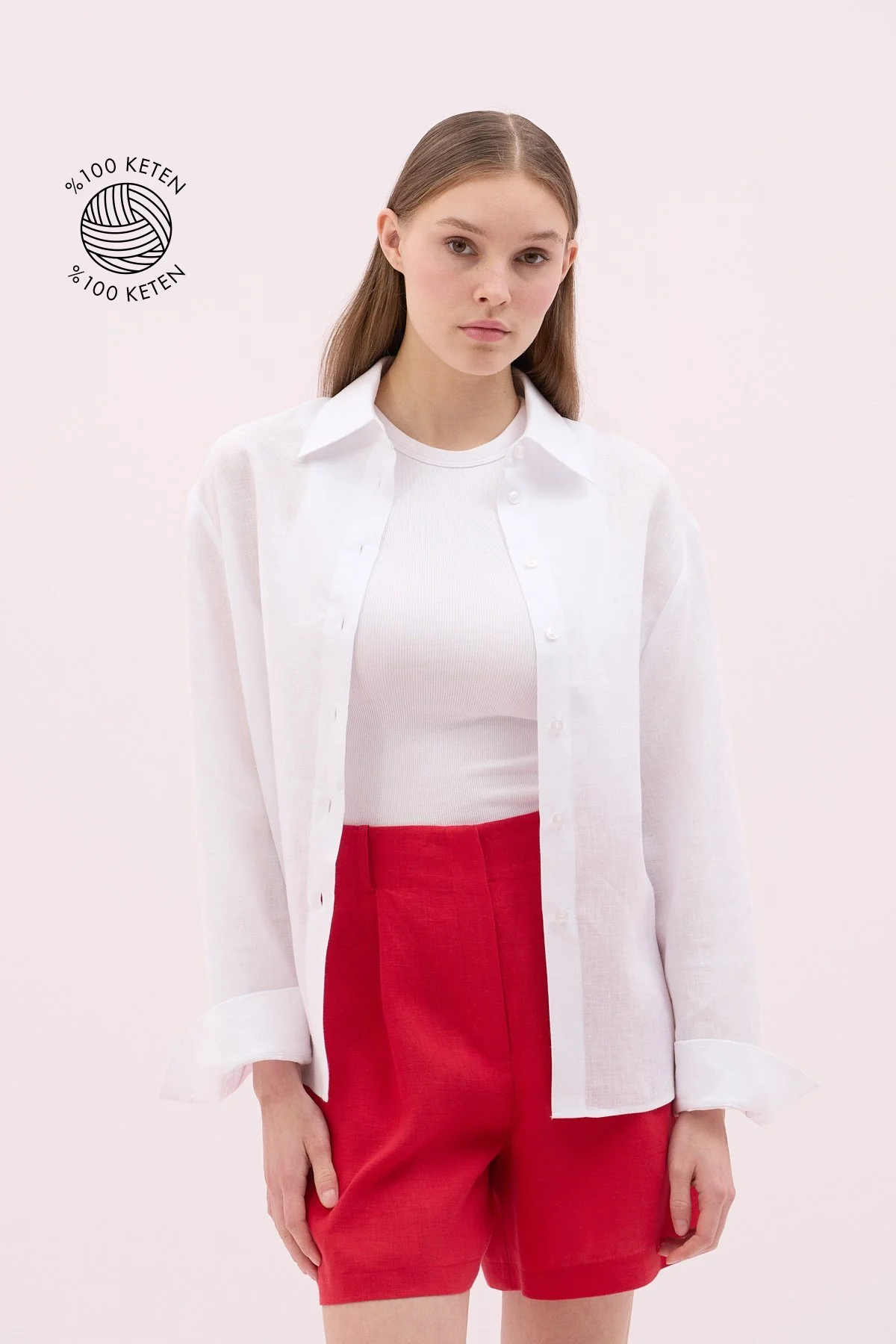 Klasik Uzun Kollu Keten Gömlek Beyaz - 1