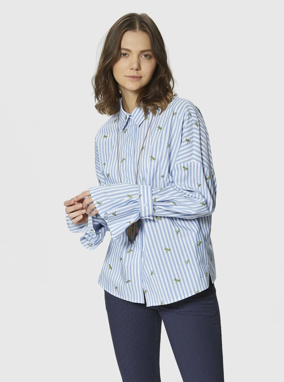 Kol Detaylı Çizgili Bluz Standart Renk - 4