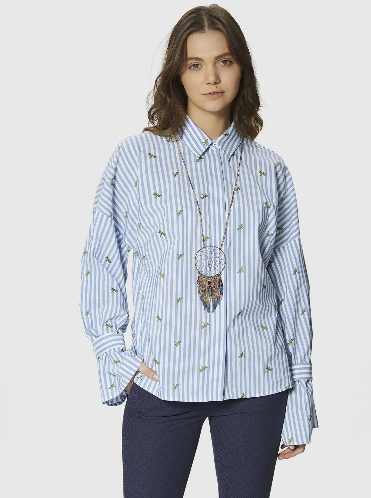 Kol Detaylı Çizgili Bluz Standart Renk - 1