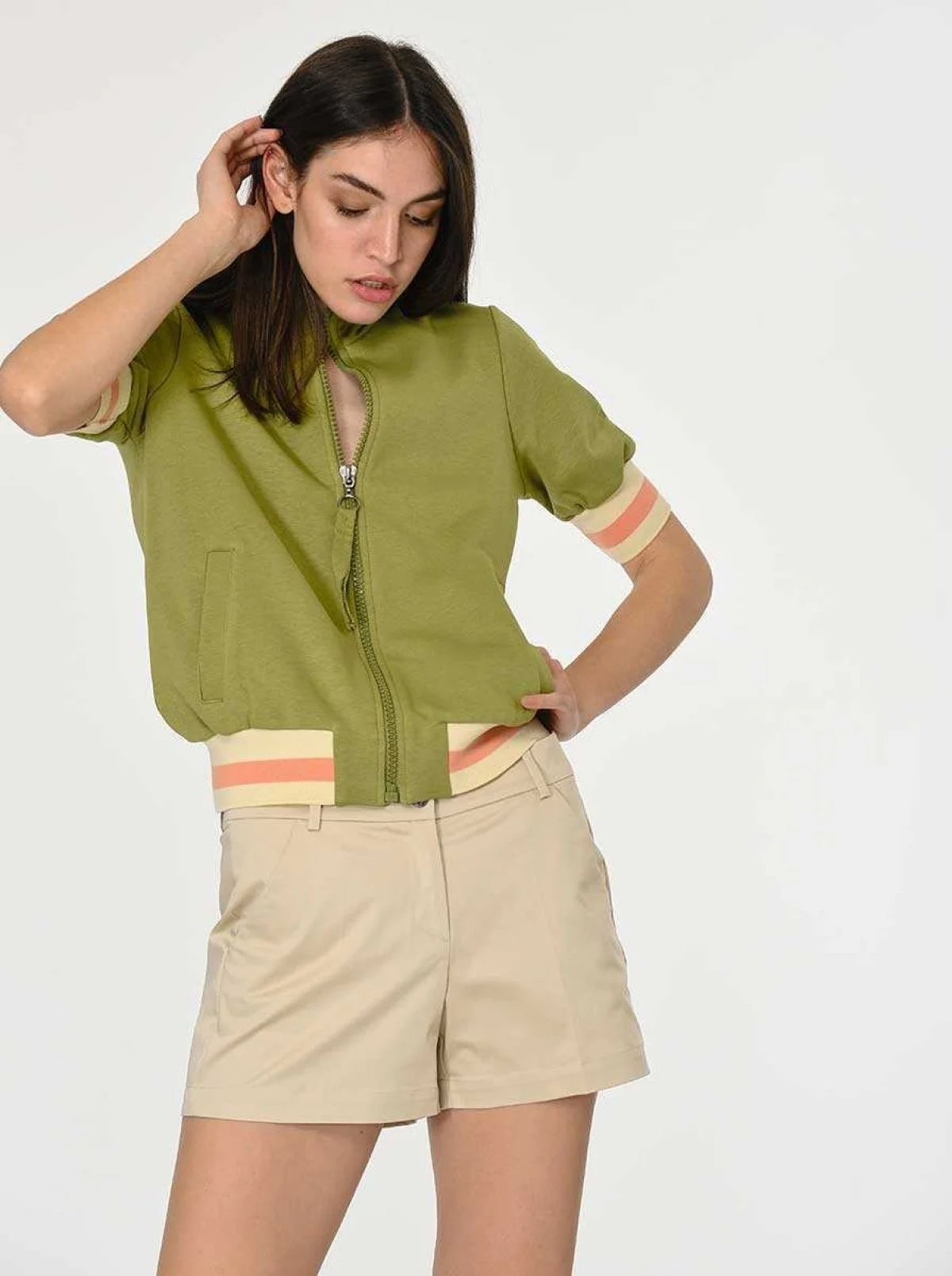 Kolları Detaylı Fermuarlı Sweatshirt Yeşil - 3