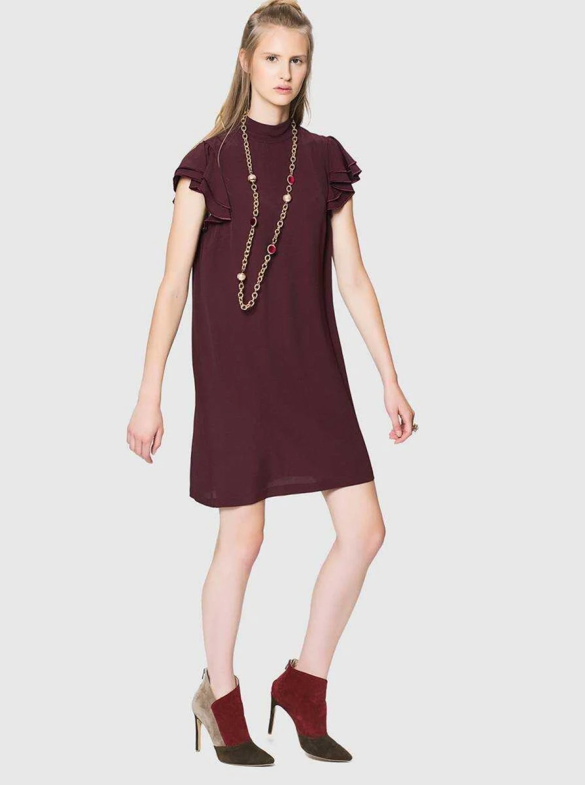  Kolları Fırfırlı Mini Elbise Bordo - 1
