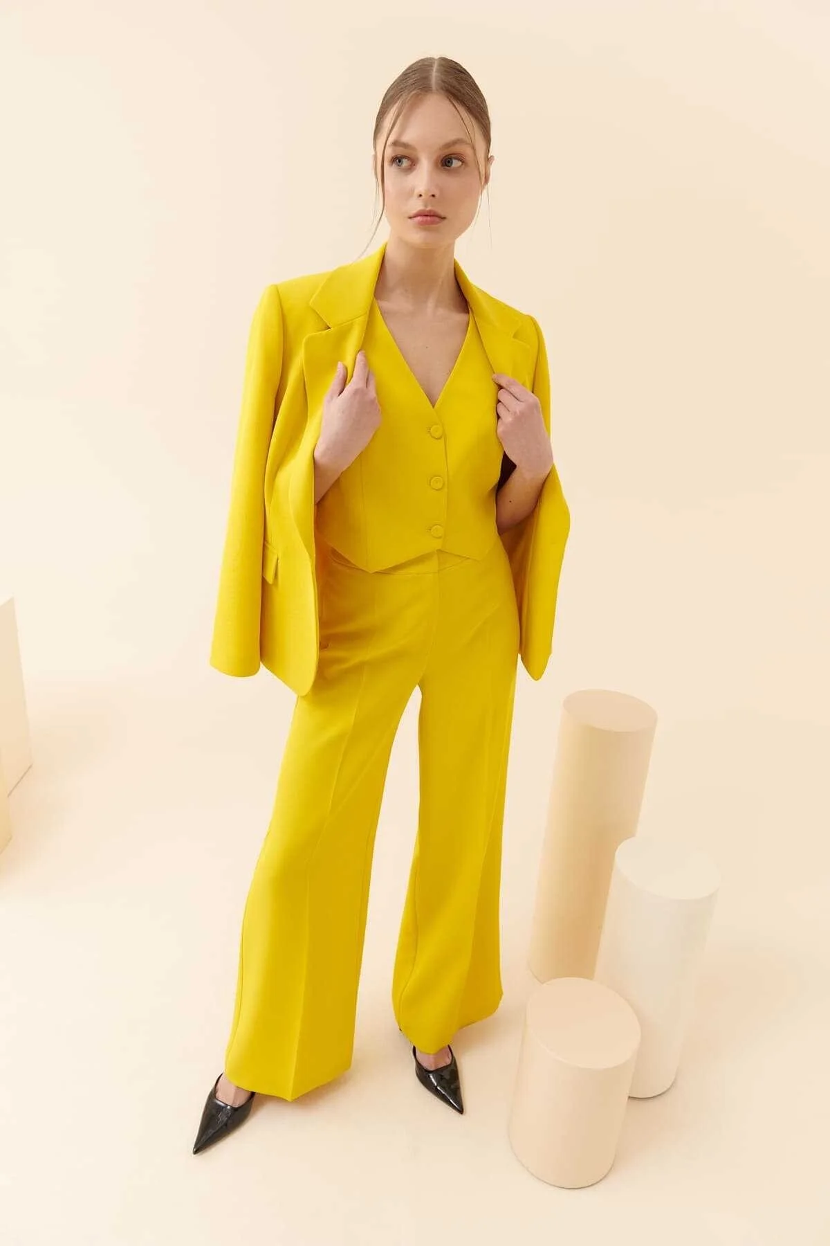  Krep Palazzo Kadın Pantolon Sarı - 3